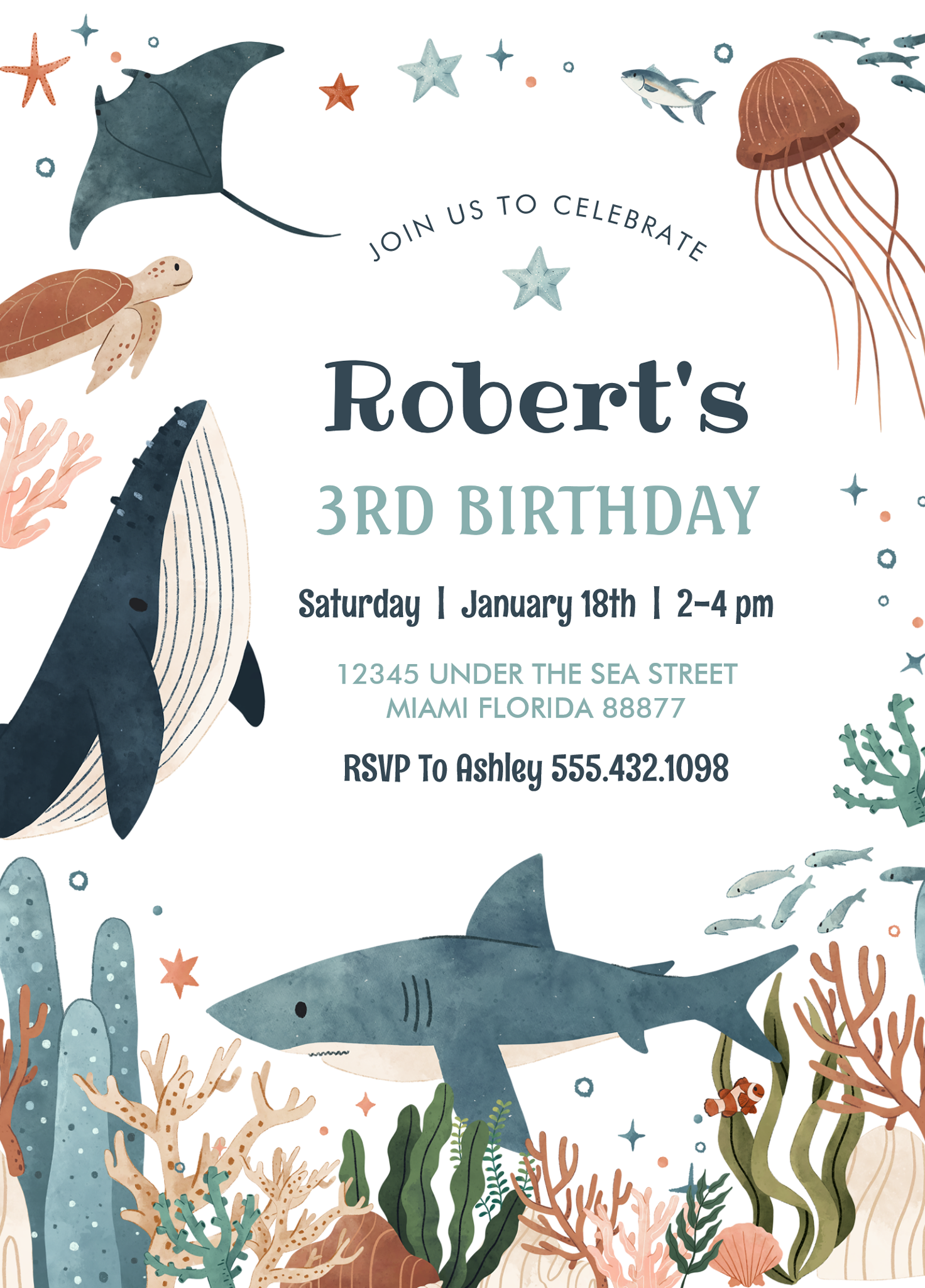 Under The Sea Whale Turtle Shark 1st Birthday Invitation