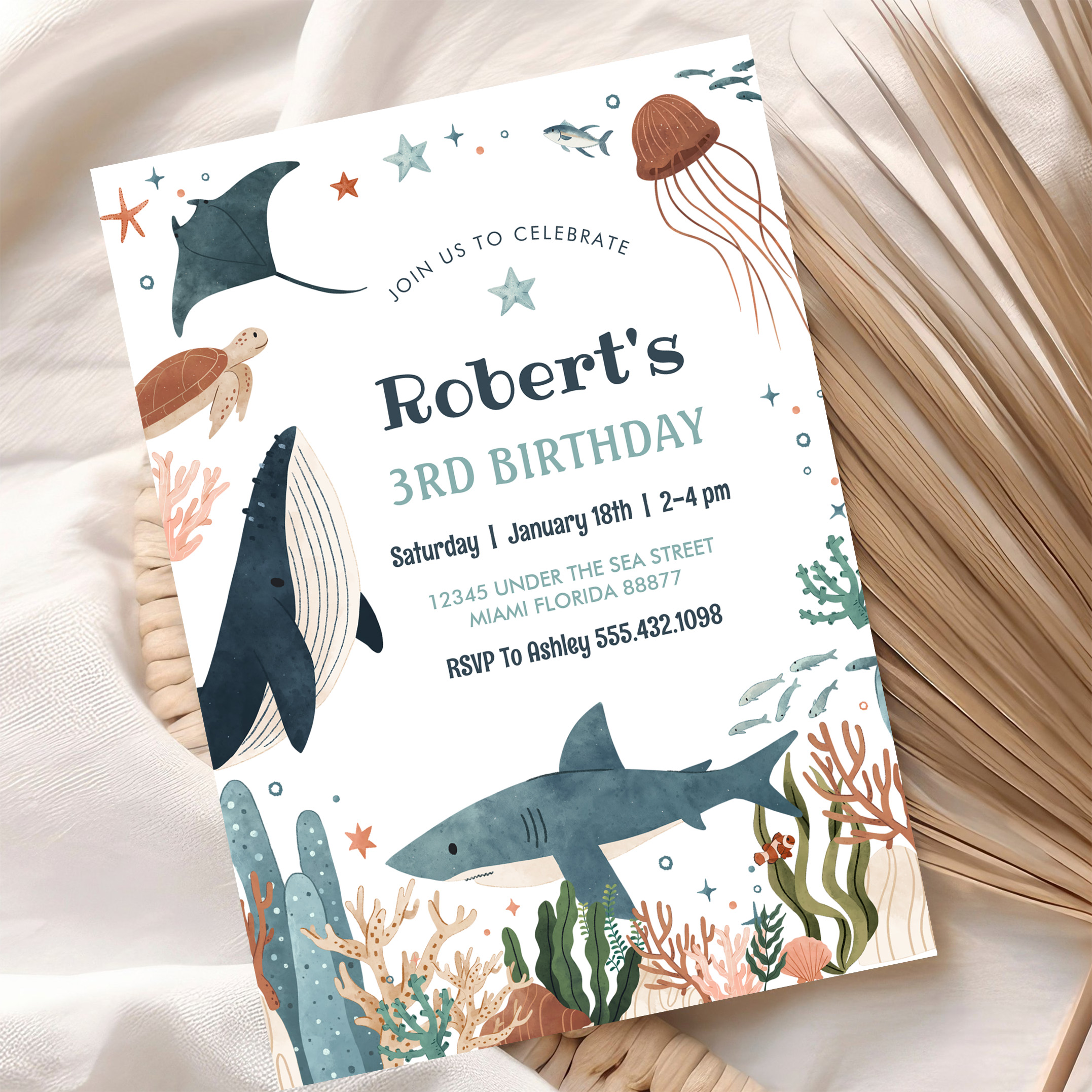 Under The Sea Whale Turtle Shark 1st Birthday Invitation - Image 10