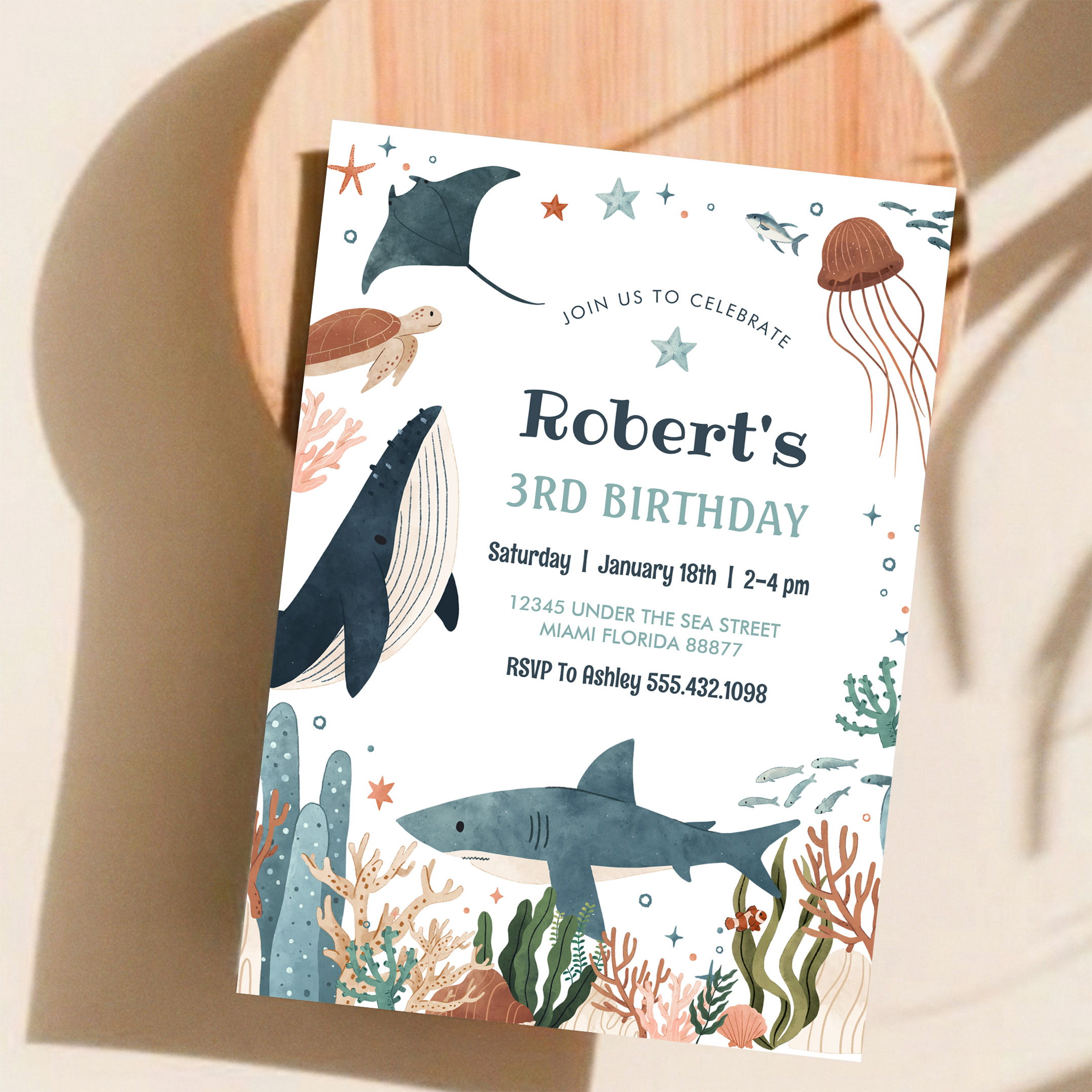 Under The Sea Whale Turtle Shark 1st Birthday Invitation - Image 11