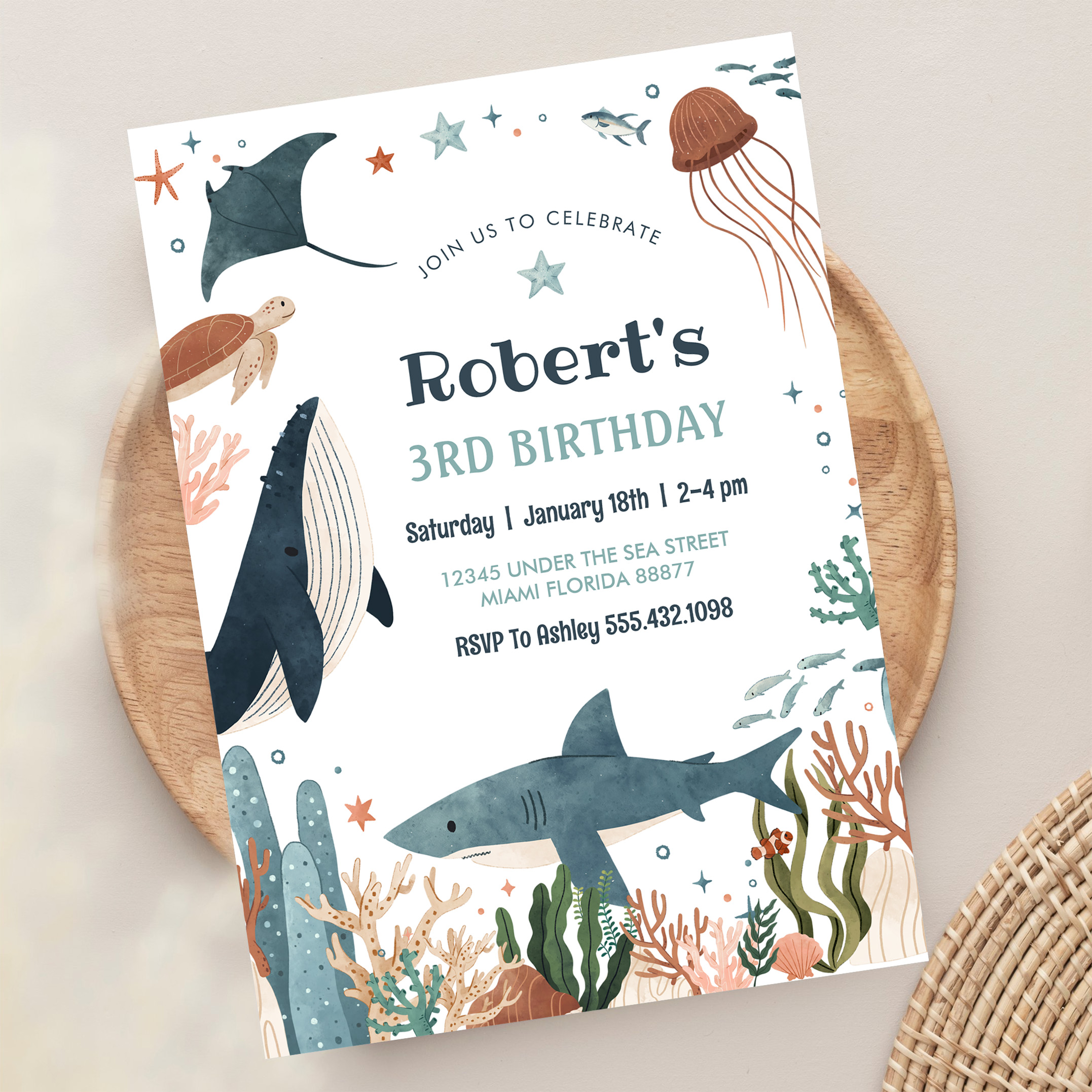 Under The Sea Whale Turtle Shark 1st Birthday Invitation - Image 13