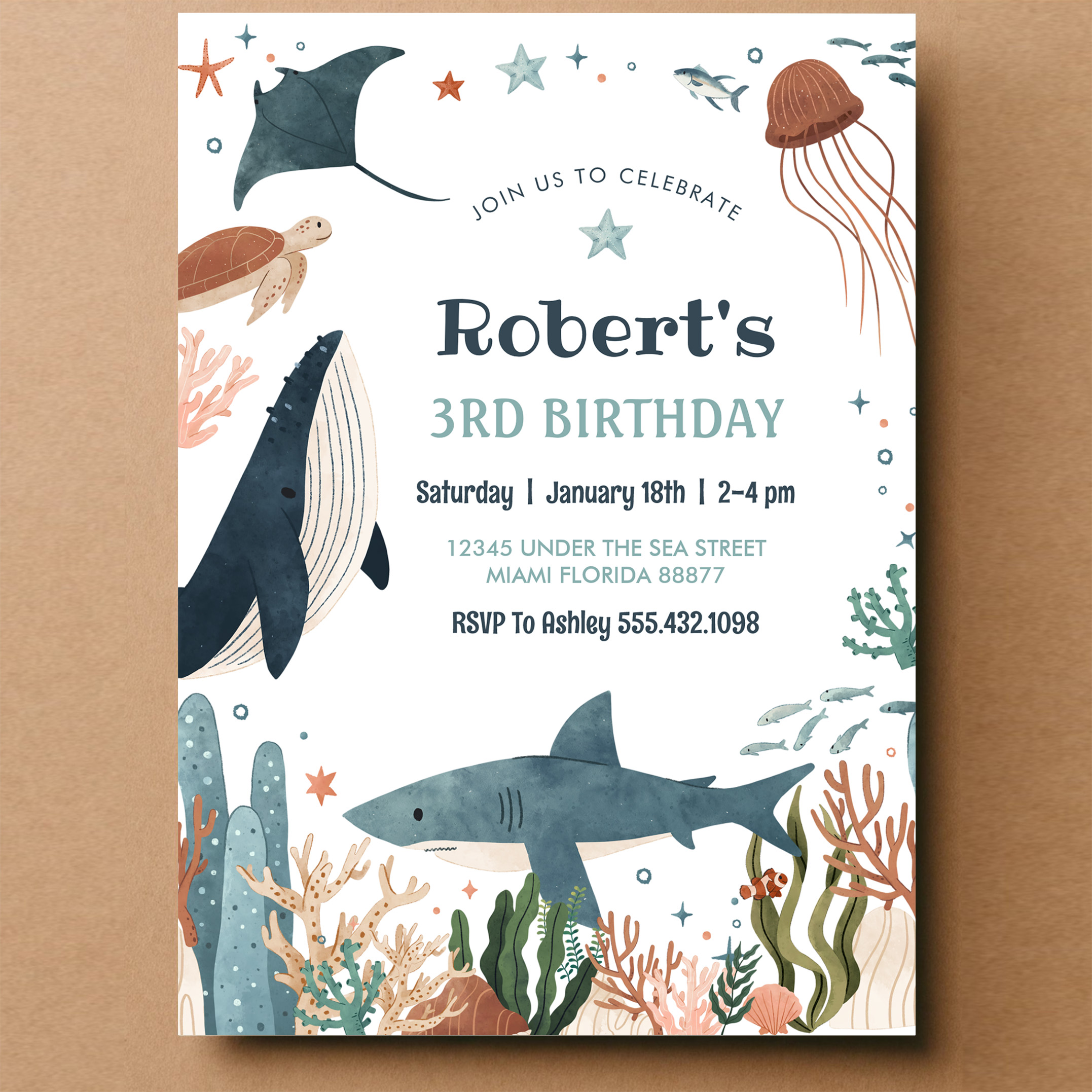 Under The Sea Whale Turtle Shark 1st Birthday Invitation - Image 14
