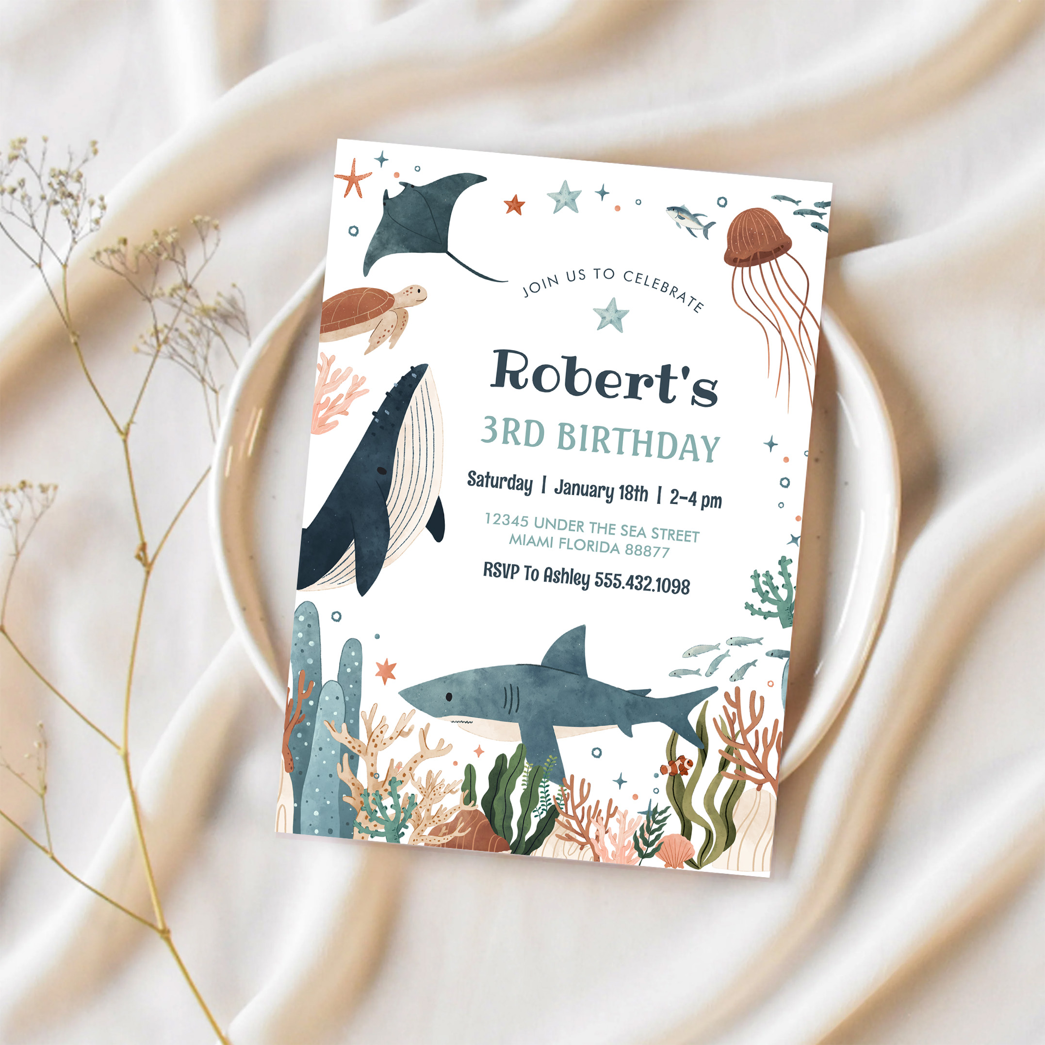 Under The Sea Whale Turtle Shark 1st Birthday Invitation - Image 2
