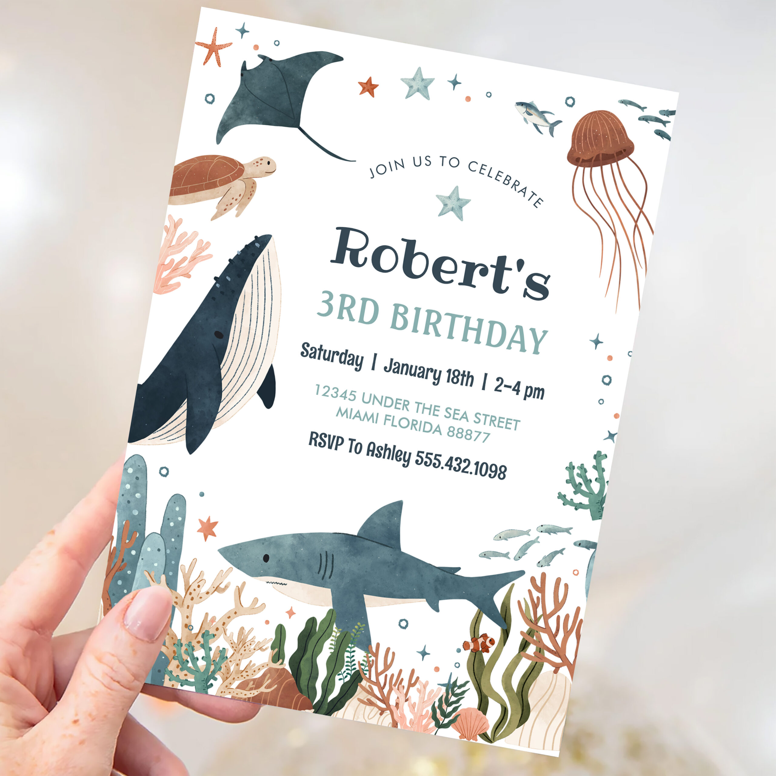 Under The Sea Whale Turtle Shark 1st Birthday Invitation - Image 3