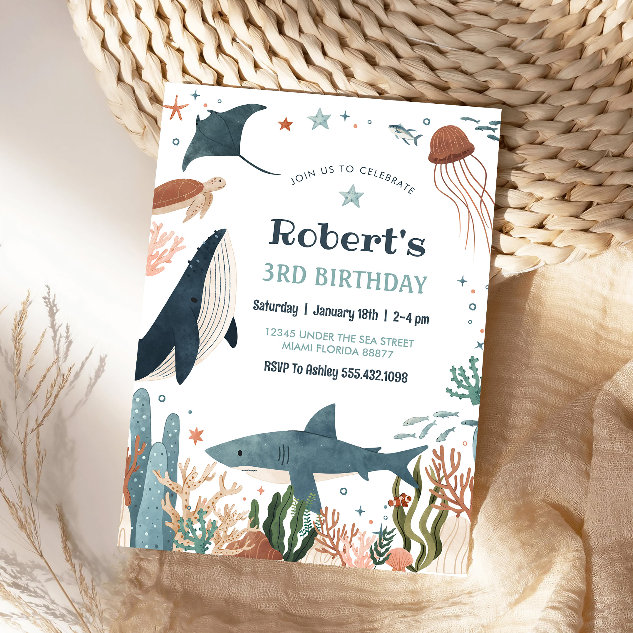 Under The Sea Whale Turtle Shark 1st Birthday Invitation - Image 4