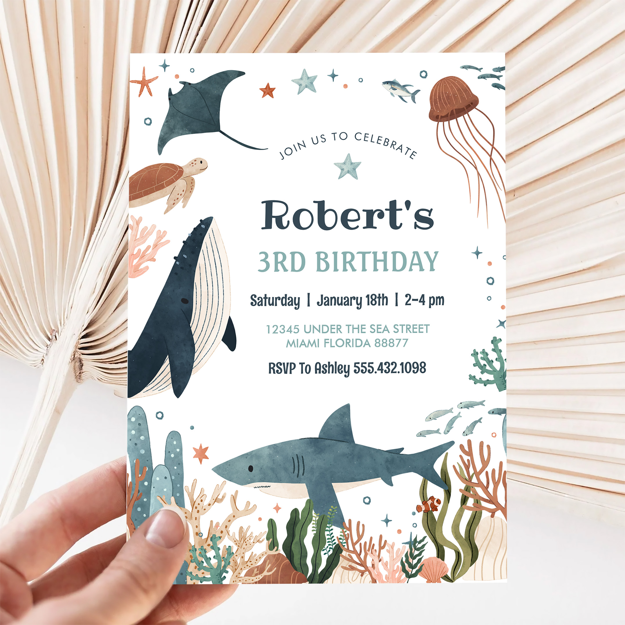 Under The Sea Whale Turtle Shark 1st Birthday Invitation - Image 5
