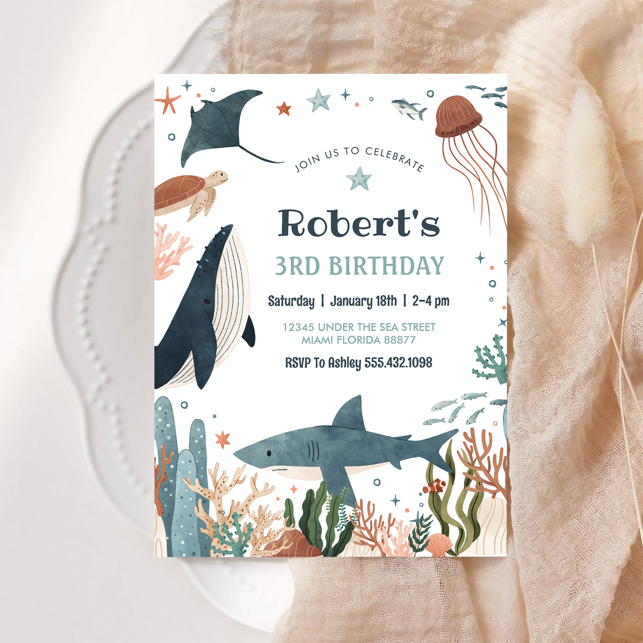 Under The Sea Whale Turtle Shark 1st Birthday Invitation - Image 6