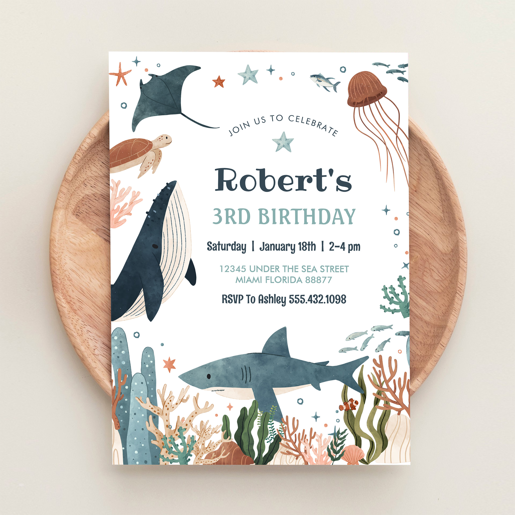 Under The Sea Whale Turtle Shark 1st Birthday Invitation - Image 7