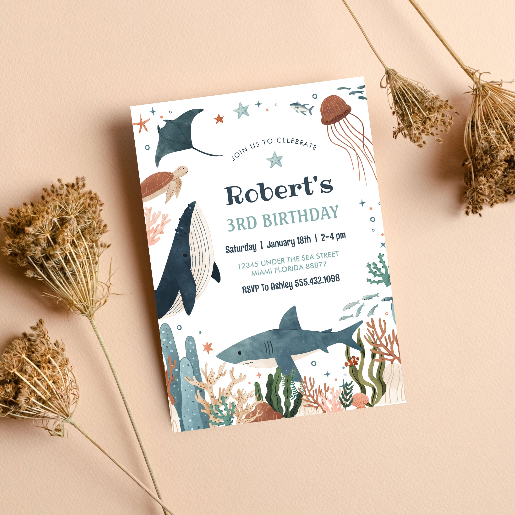 Under The Sea Whale Turtle Shark 1st Birthday Invitation - Image 8