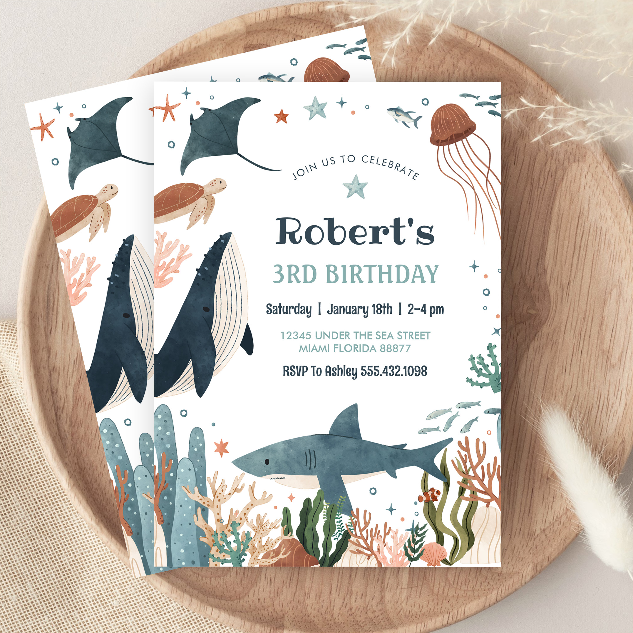 Under The Sea Whale Turtle Shark 1st Birthday Invitation - Image 9