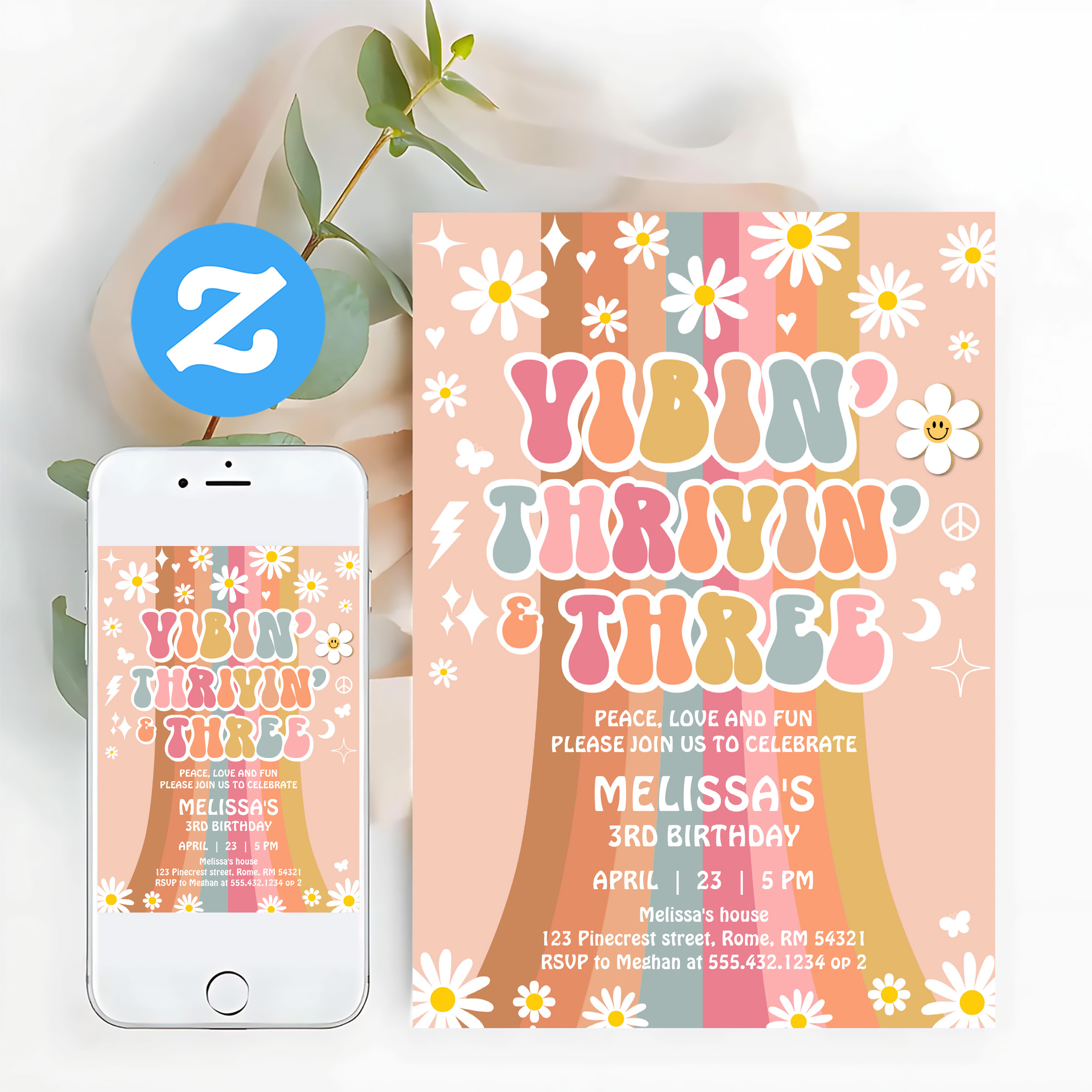 Vibin Thrivin And Three Retro Hippie 3rd Birthday Invitation - Image 12