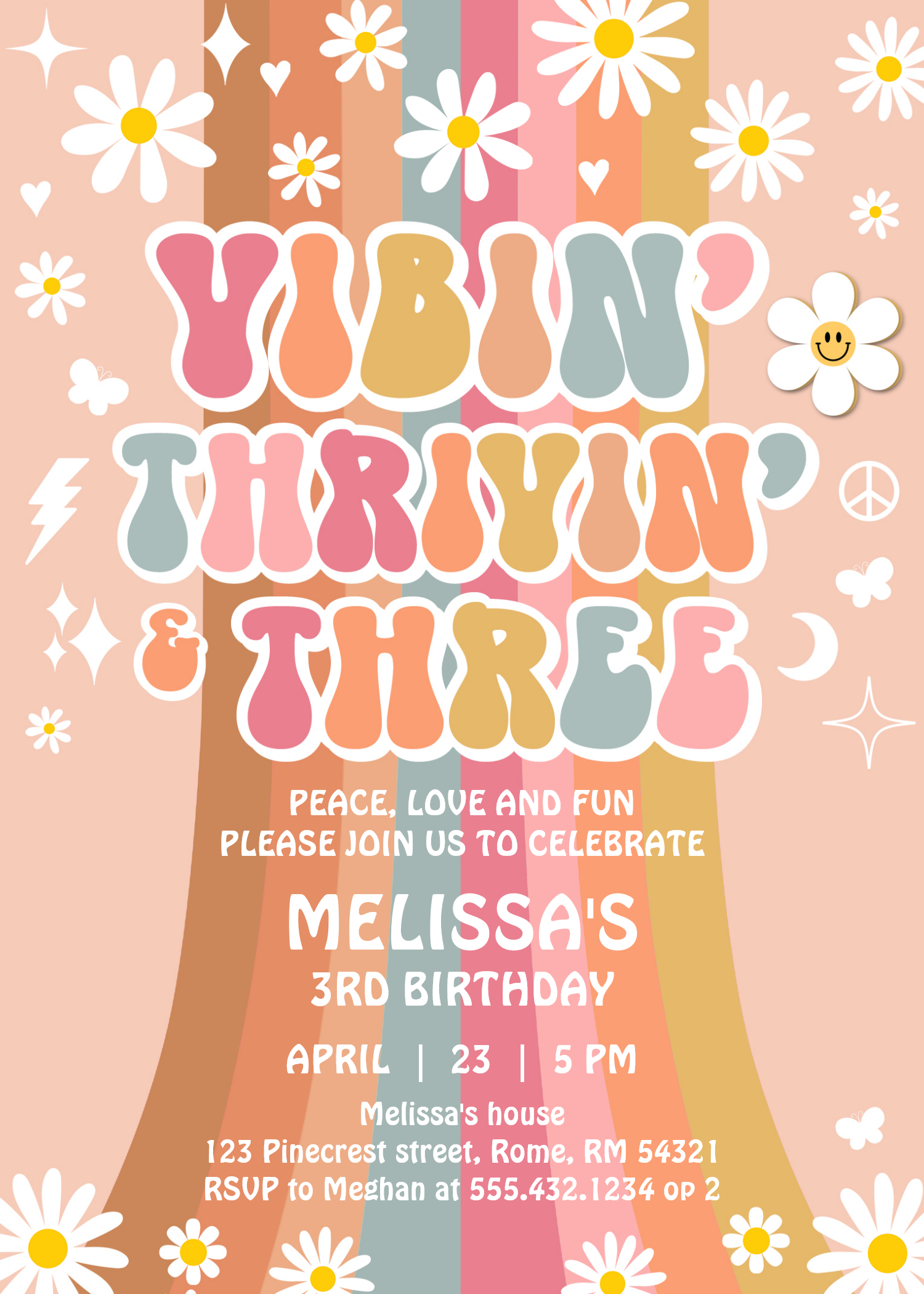 Vibin Thrivin And Three Retro Hippie 3rd Birthday Invitation