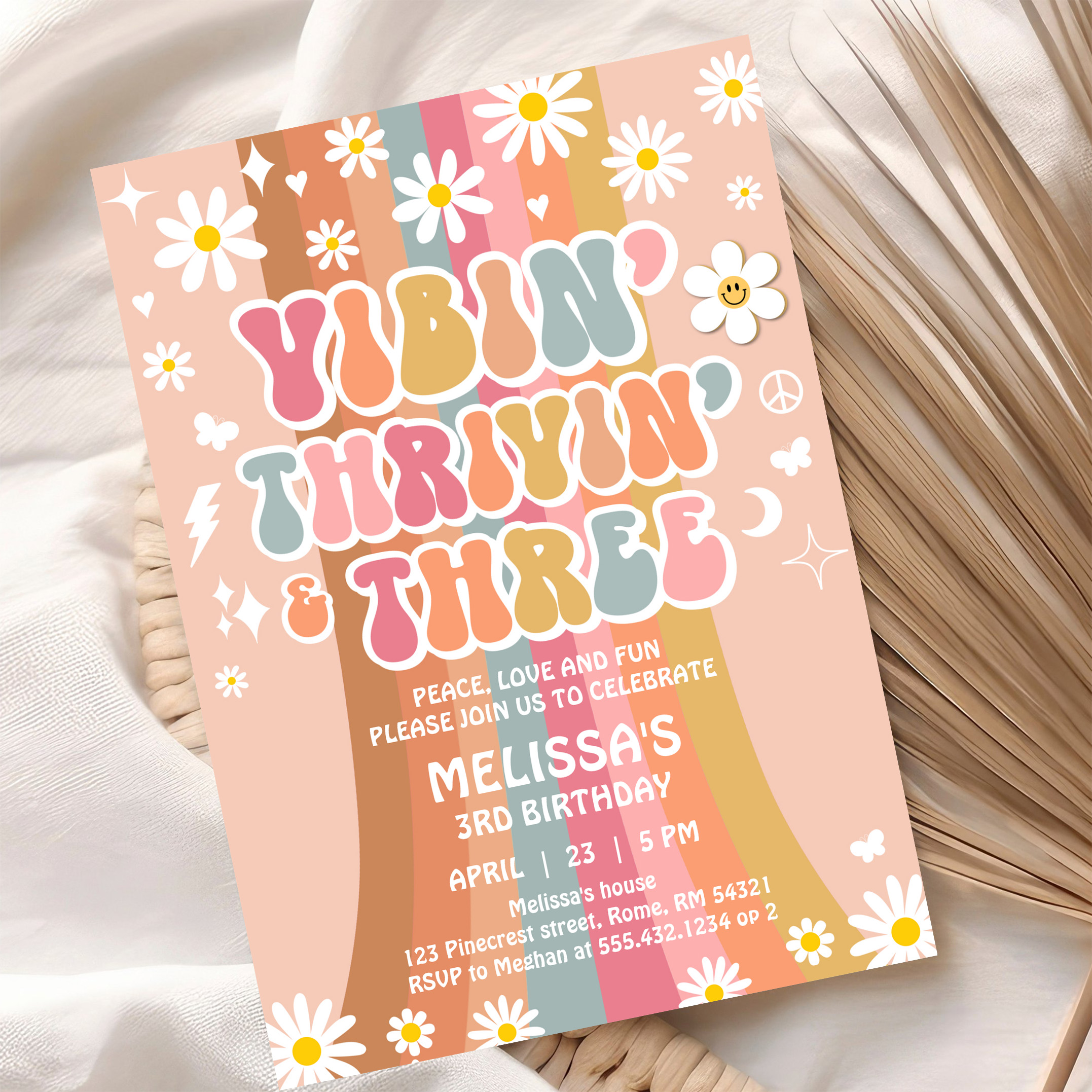 Vibin Thrivin And Three Retro Hippie 3rd Birthday Invitation - Image 10