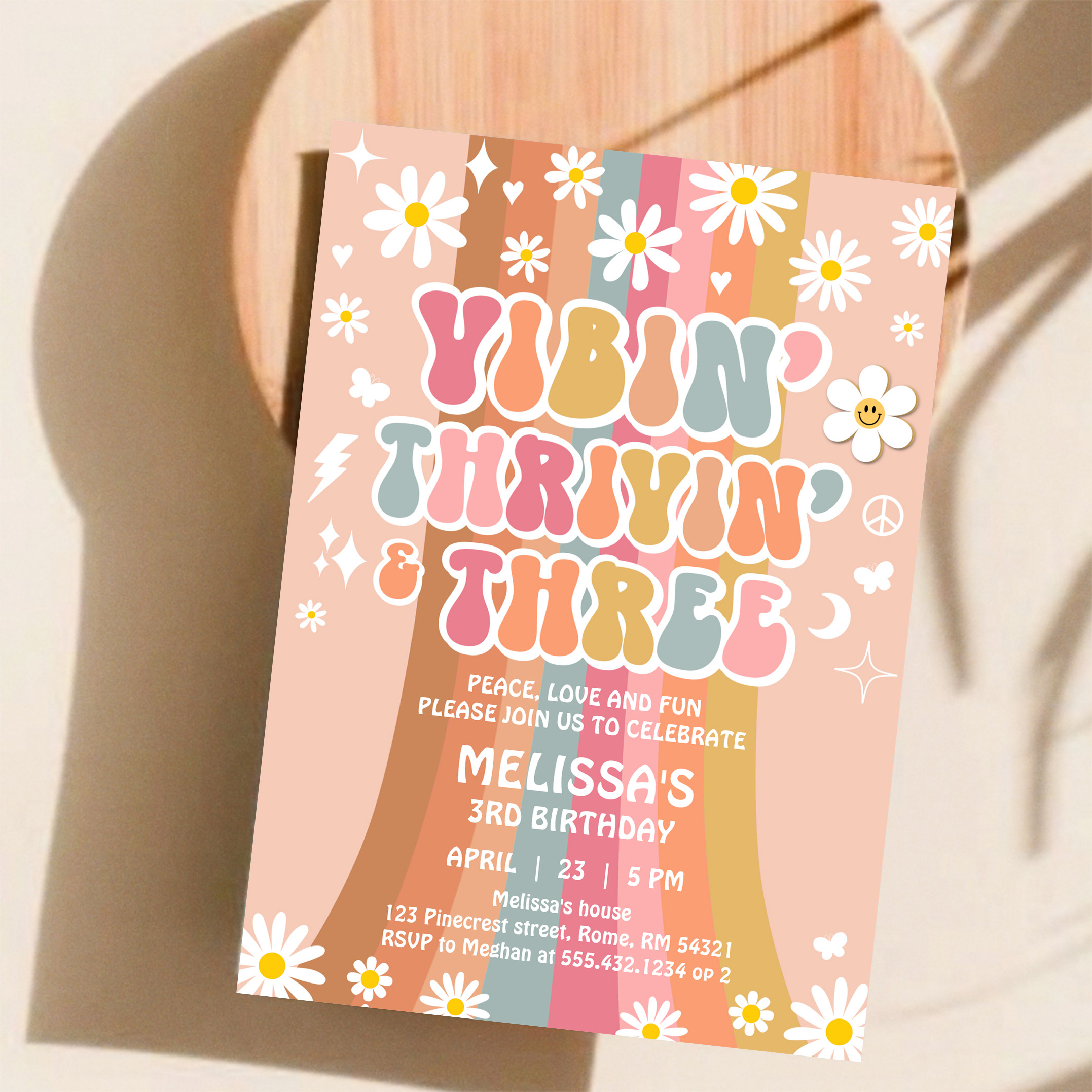 Vibin Thrivin And Three Retro Hippie 3rd Birthday Invitation - Image 11