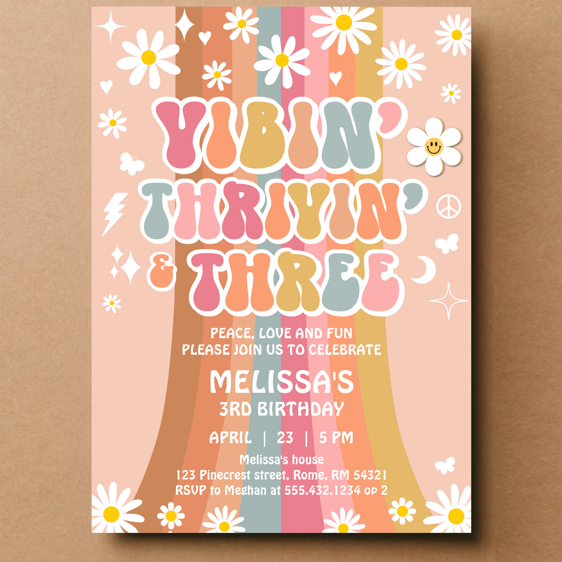 Vibin Thrivin And Three Retro Hippie 3rd Birthday Invitation - Image 14
