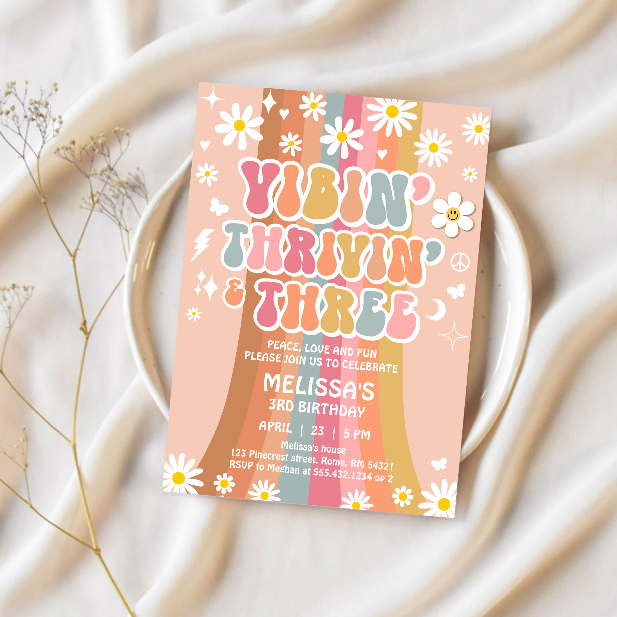 Vibin Thrivin And Three Retro Hippie 3rd Birthday Invitation - Image 2