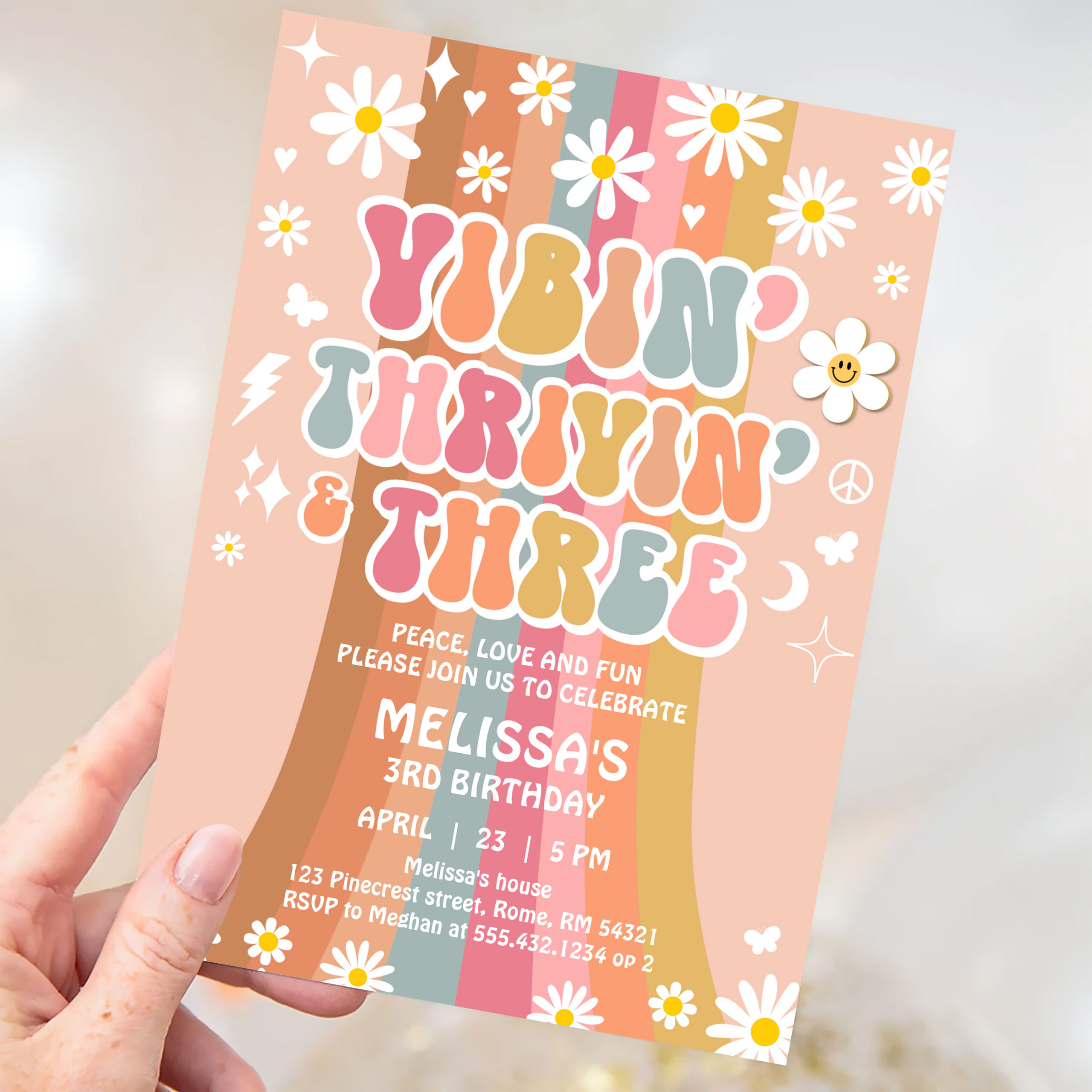 Vibin Thrivin And Three Retro Hippie 3rd Birthday Invitation - Image 3