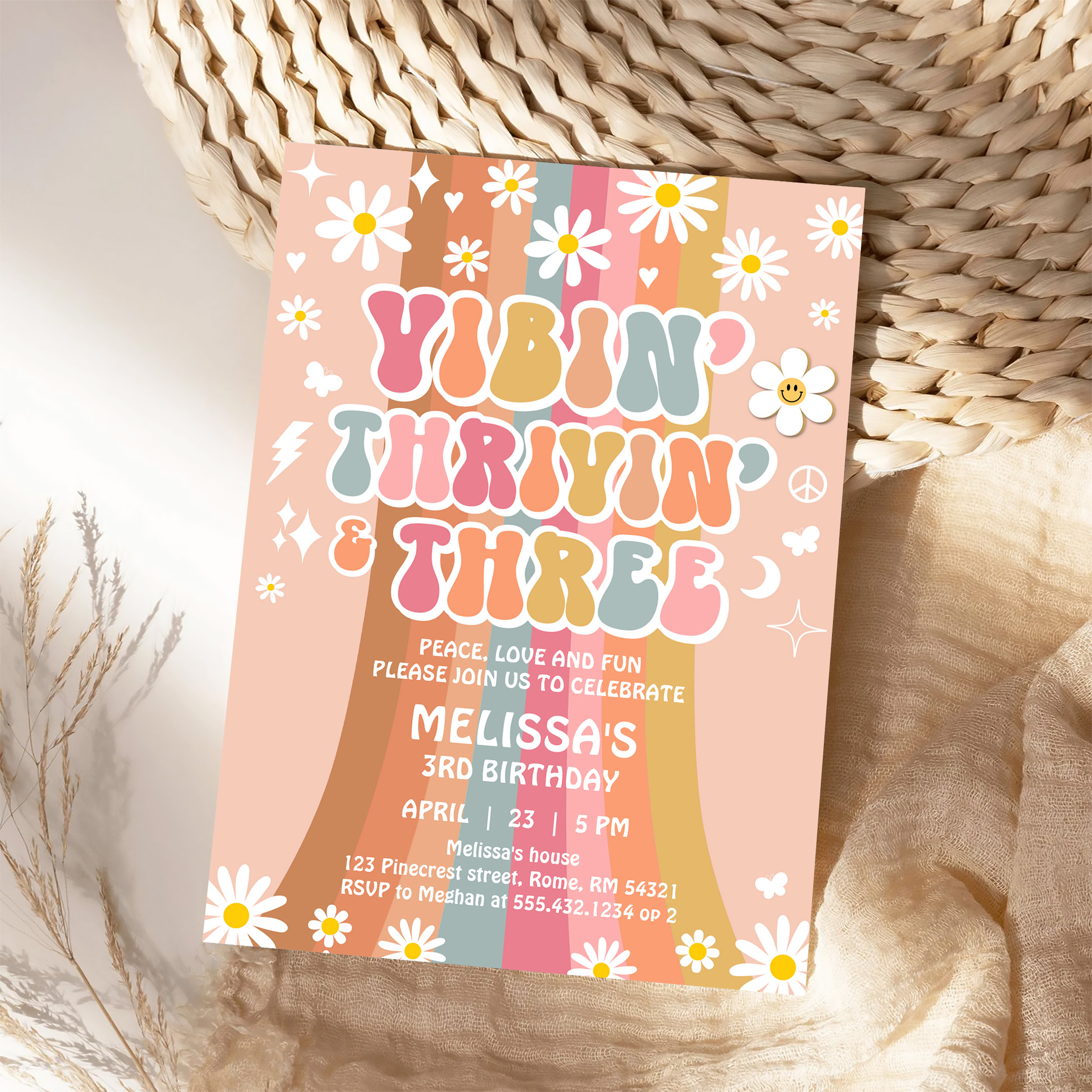 Vibin Thrivin And Three Retro Hippie 3rd Birthday Invitation - Image 4