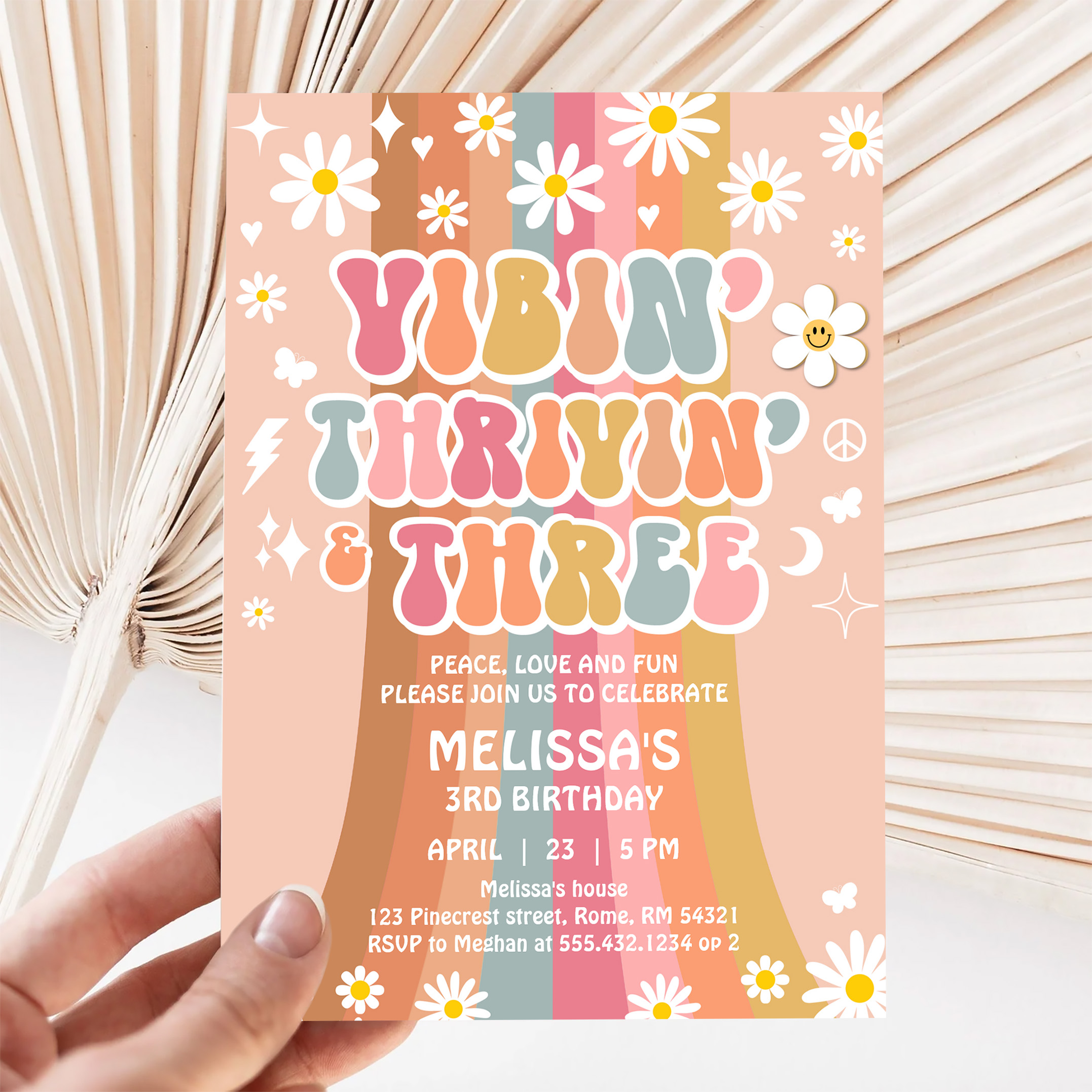 Vibin Thrivin And Three Retro Hippie 3rd Birthday Invitation - Image 5