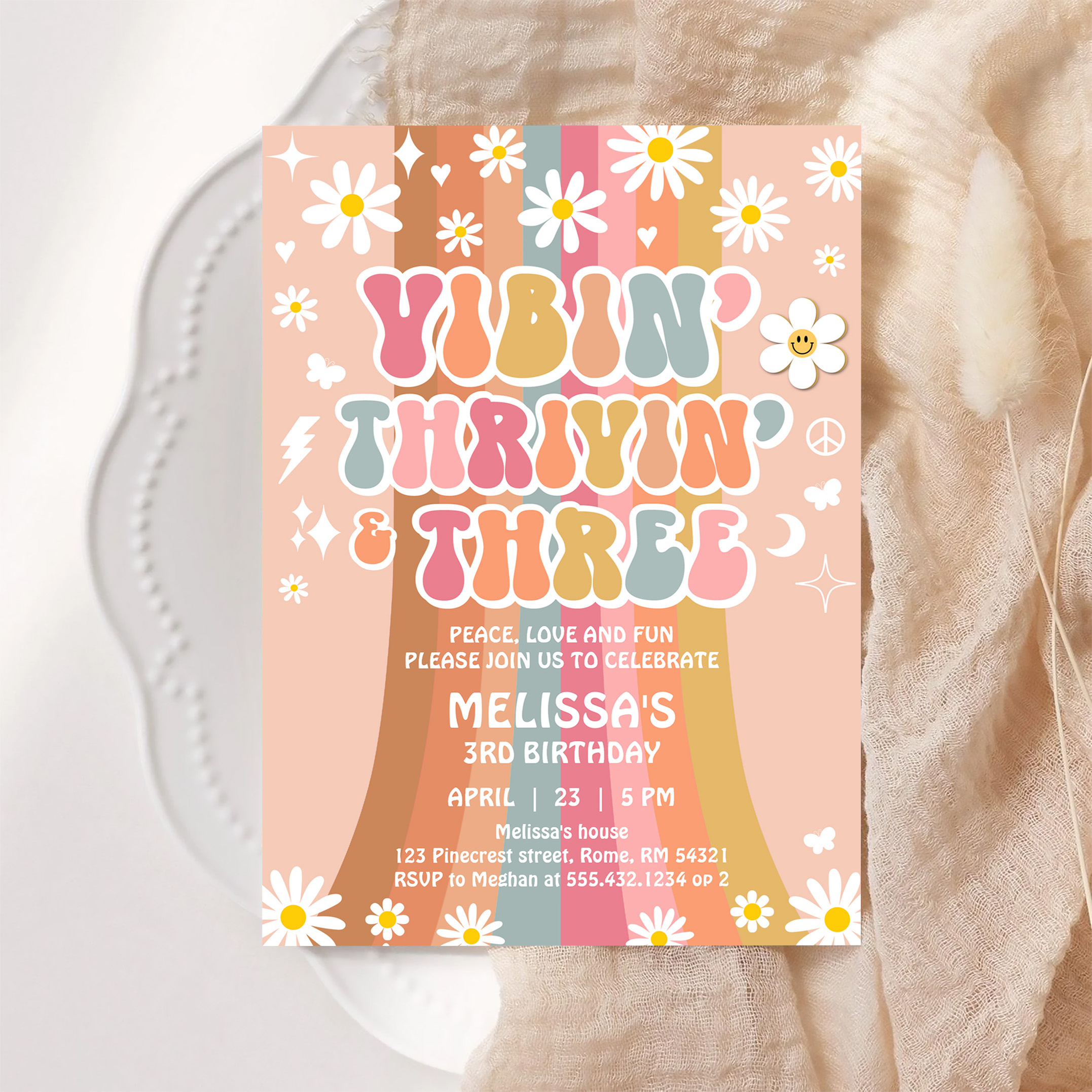 Vibin Thrivin And Three Retro Hippie 3rd Birthday Invitation - Image 6
