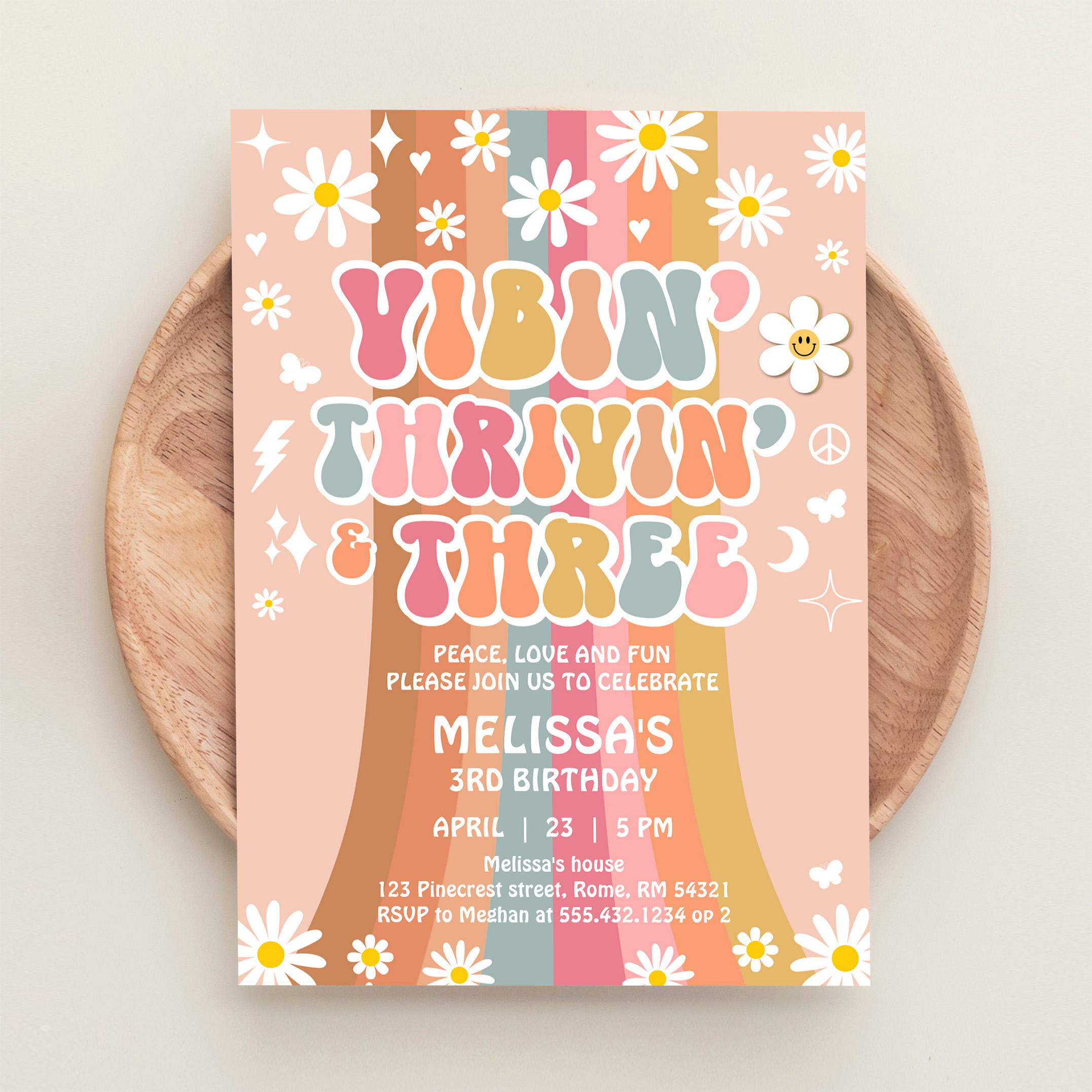 Vibin Thrivin And Three Retro Hippie 3rd Birthday Invitation - Image 7