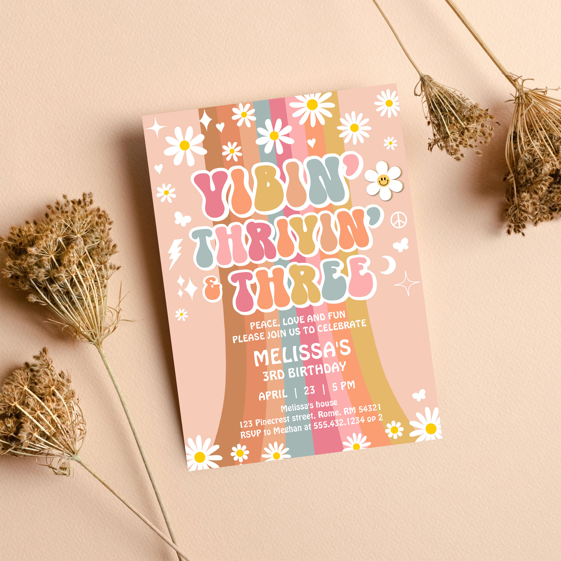 Vibin Thrivin And Three Retro Hippie 3rd Birthday Invitation - Image 8
