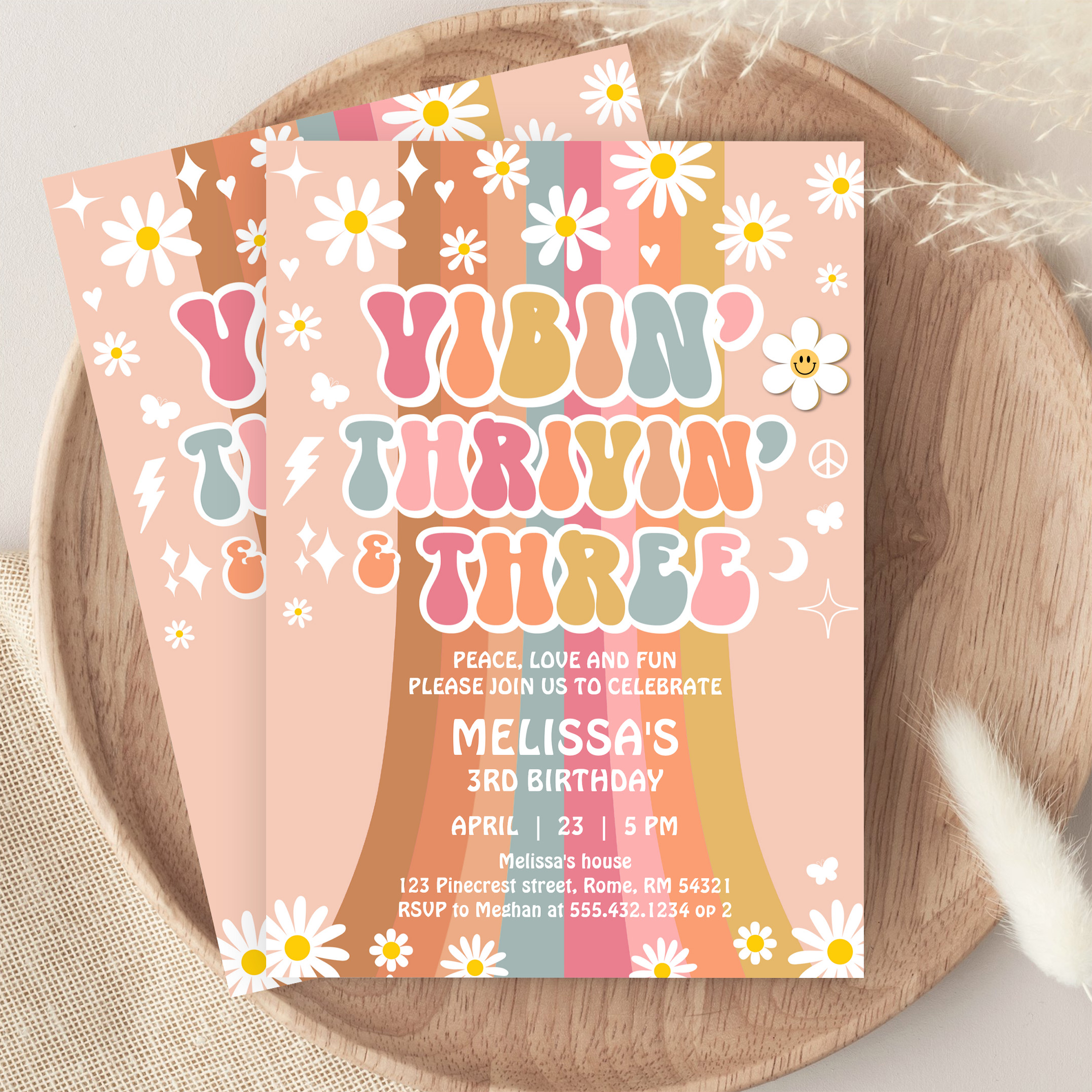 Vibin Thrivin And Three Retro Hippie 3rd Birthday Invitation - Image 9