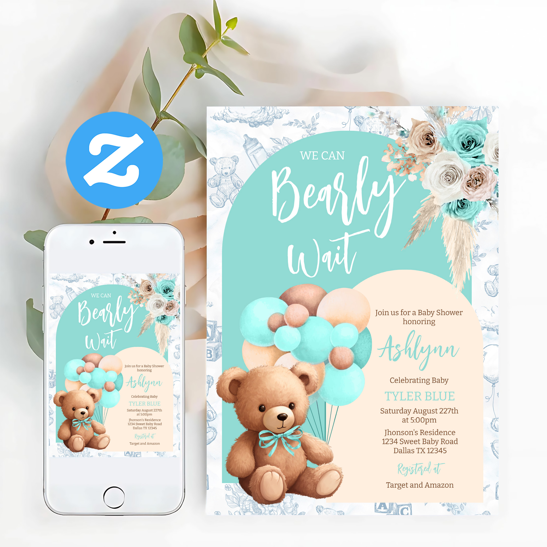 We Can Bearly Wait Blue Bear Balloon Baby Shower Invitation - Image 12