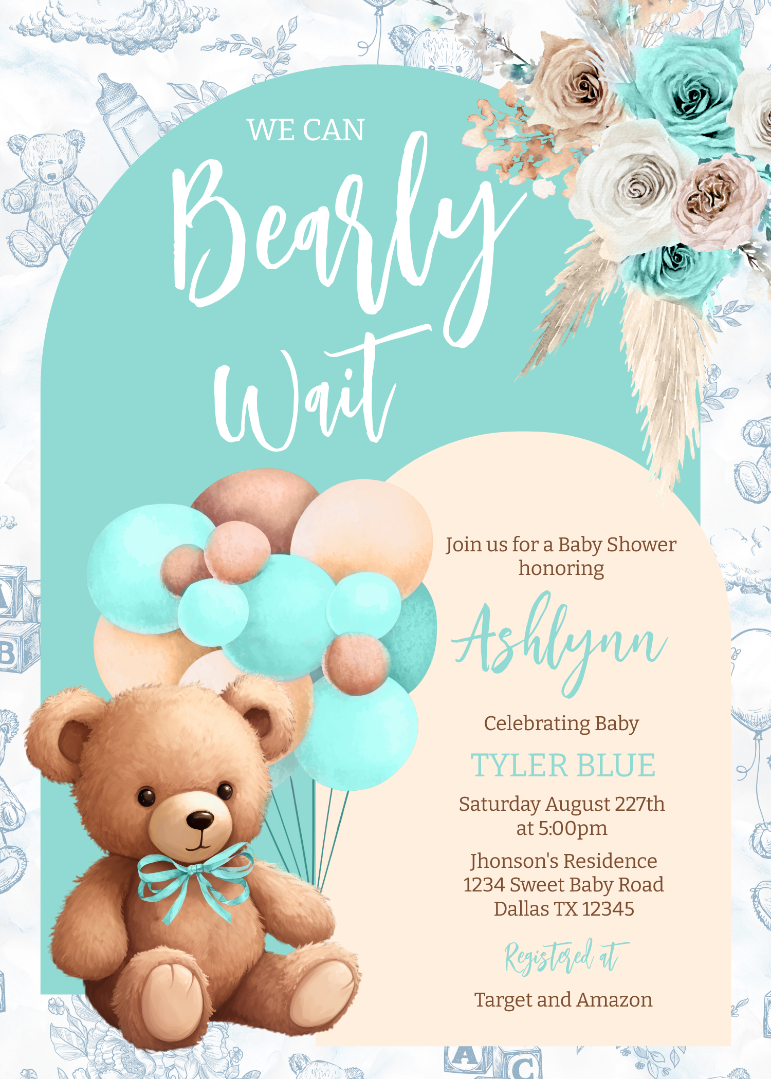 We Can Bearly Wait Blue Bear Balloon Baby Shower Invitation