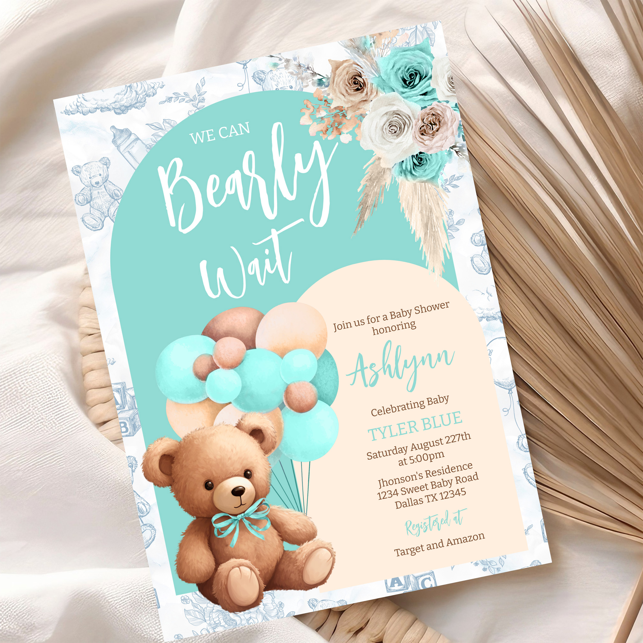 We Can Bearly Wait Blue Bear Balloon Baby Shower Invitation - Image 10
