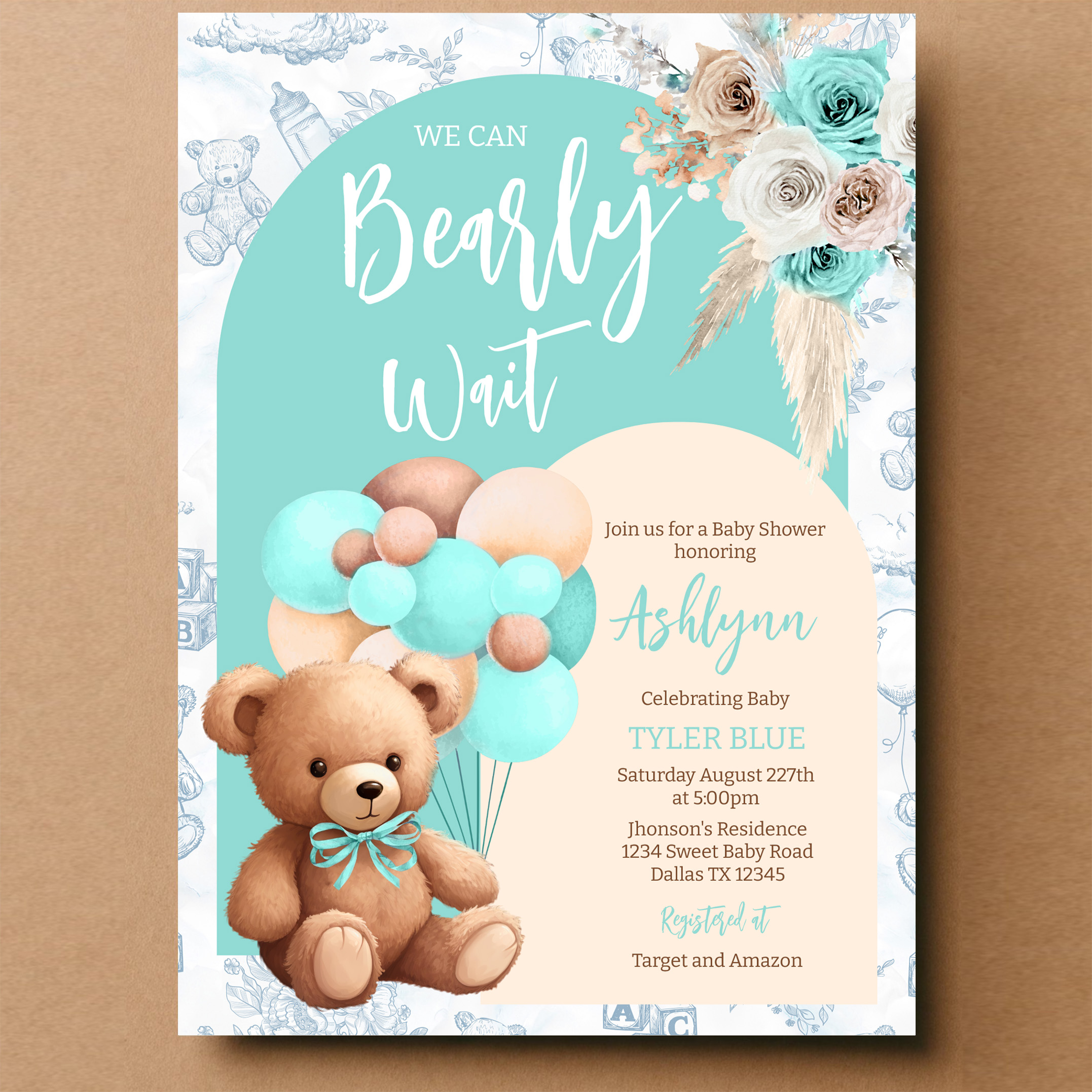 We Can Bearly Wait Blue Bear Balloon Baby Shower Invitation - Image 14