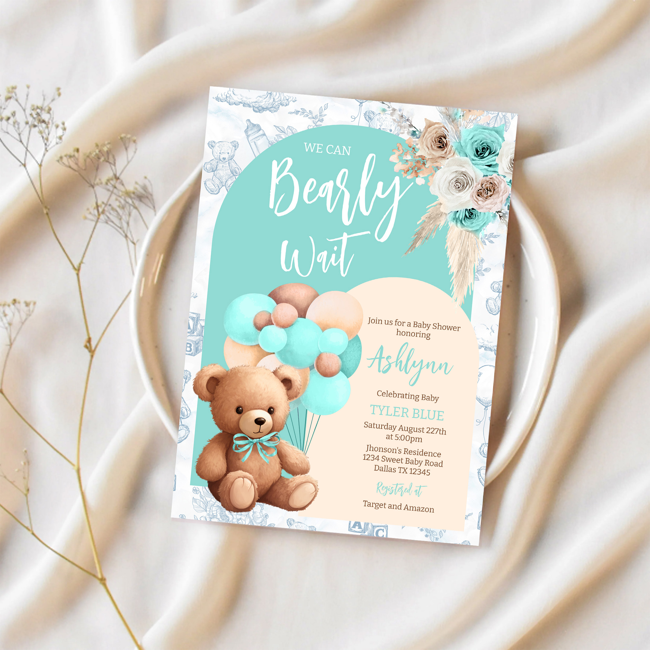 We Can Bearly Wait Blue Bear Balloon Baby Shower Invitation - Image 2