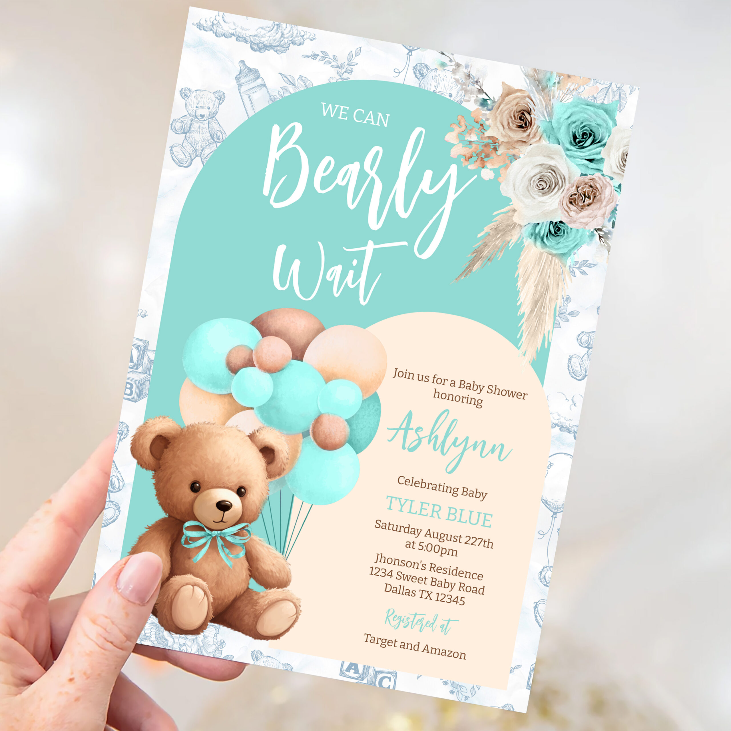 We Can Bearly Wait Blue Bear Balloon Baby Shower Invitation - Image 3