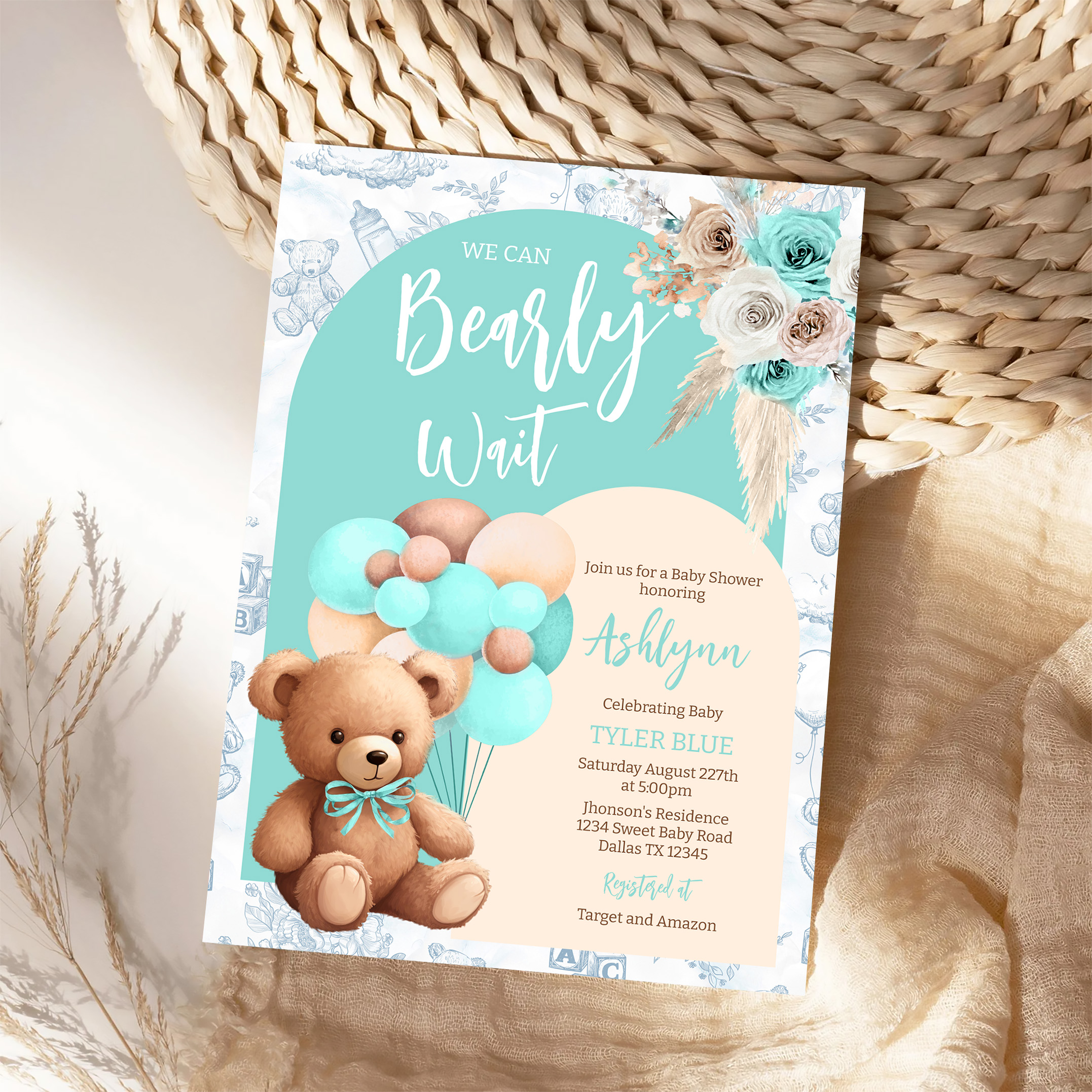 We Can Bearly Wait Blue Bear Balloon Baby Shower Invitation - Image 4