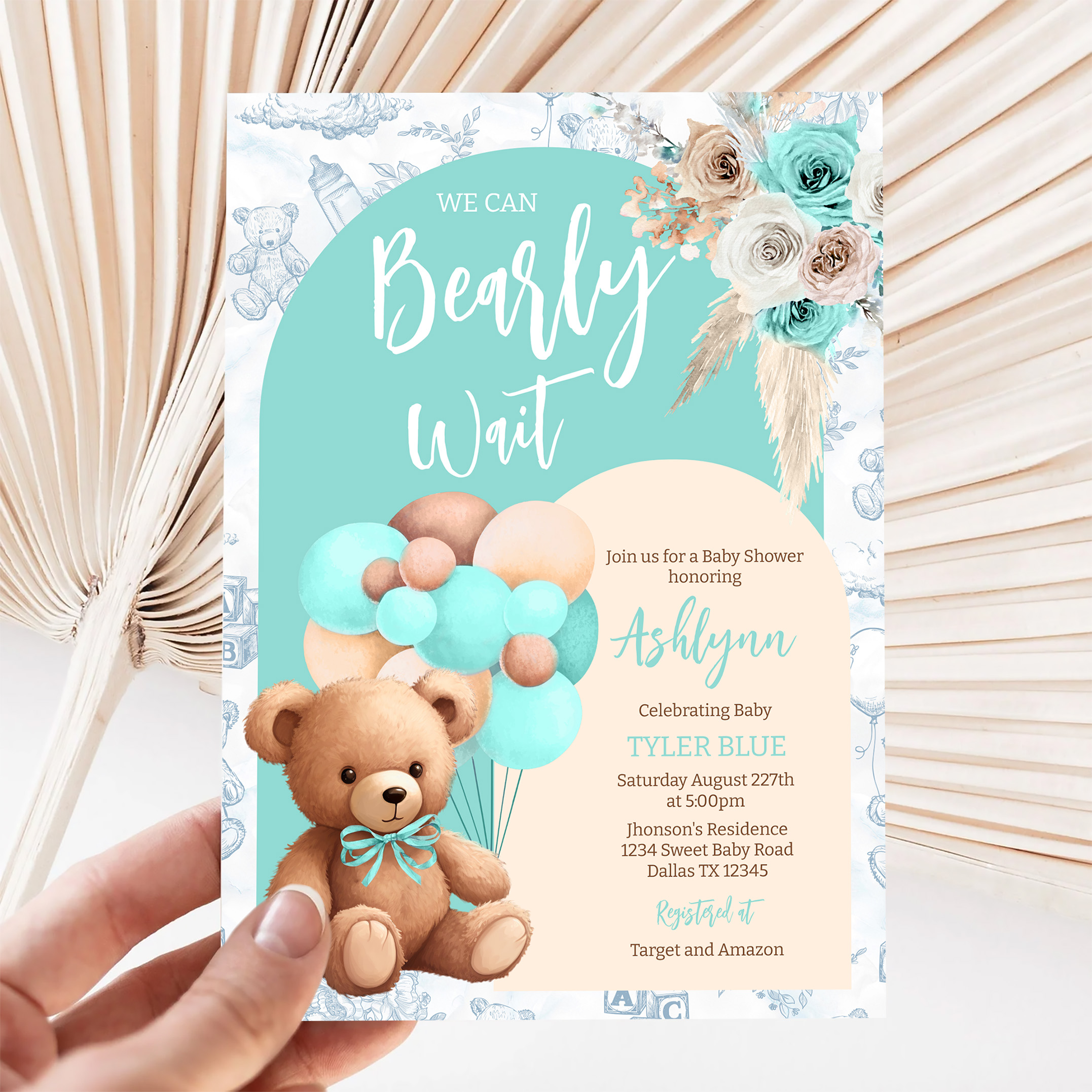 We Can Bearly Wait Blue Bear Balloon Baby Shower Invitation - Image 5