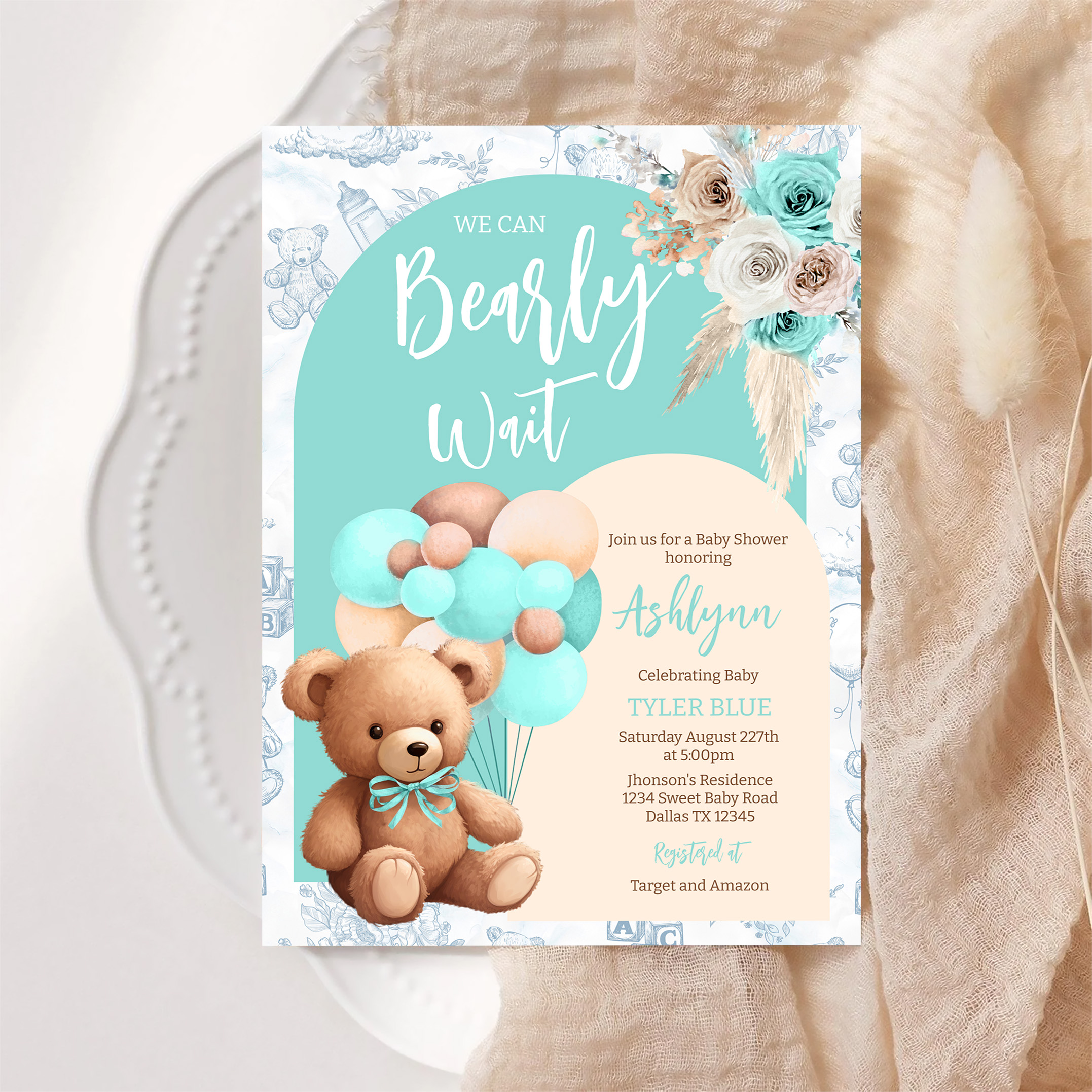 We Can Bearly Wait Blue Bear Balloon Baby Shower Invitation - Image 6