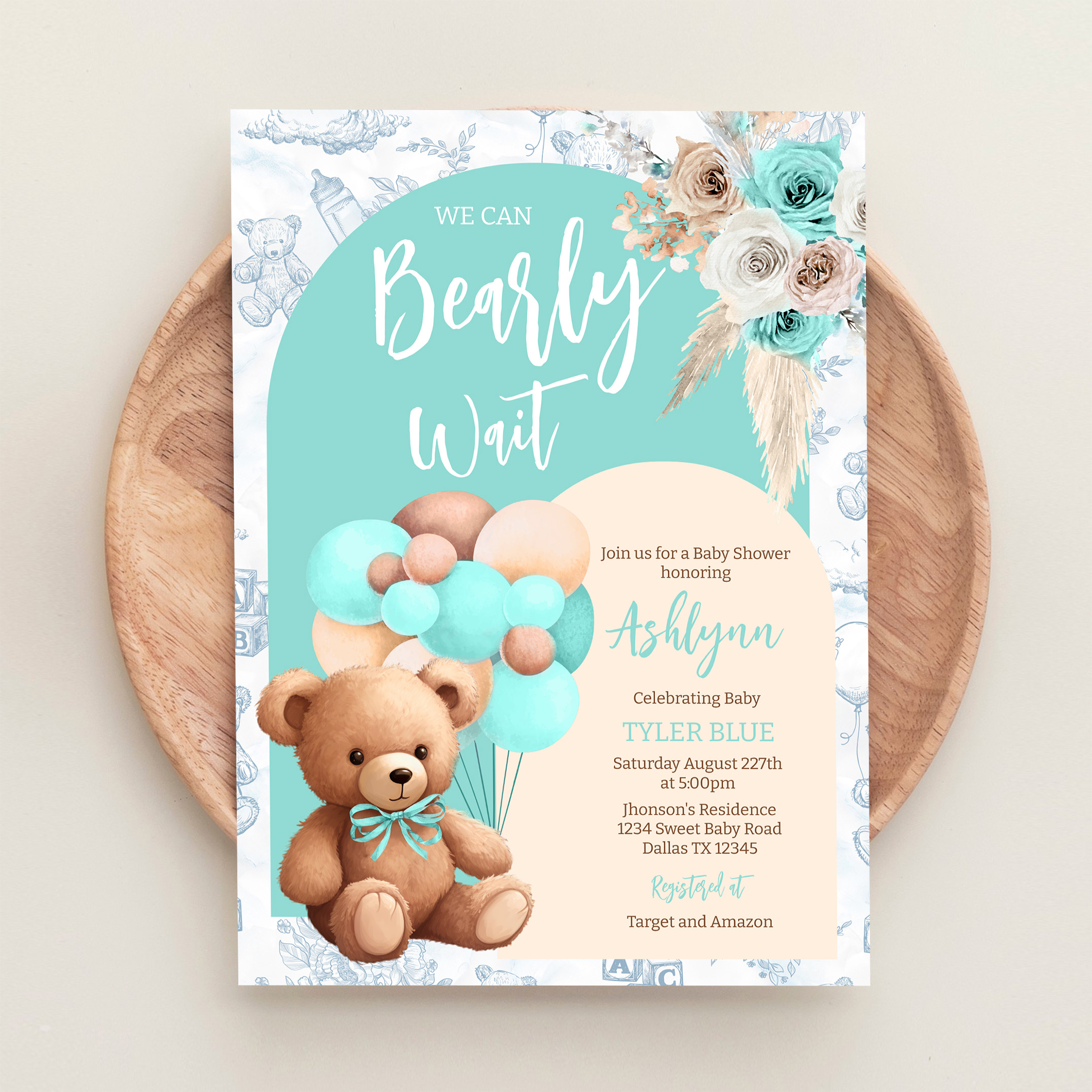 We Can Bearly Wait Blue Bear Balloon Baby Shower Invitation - Image 7