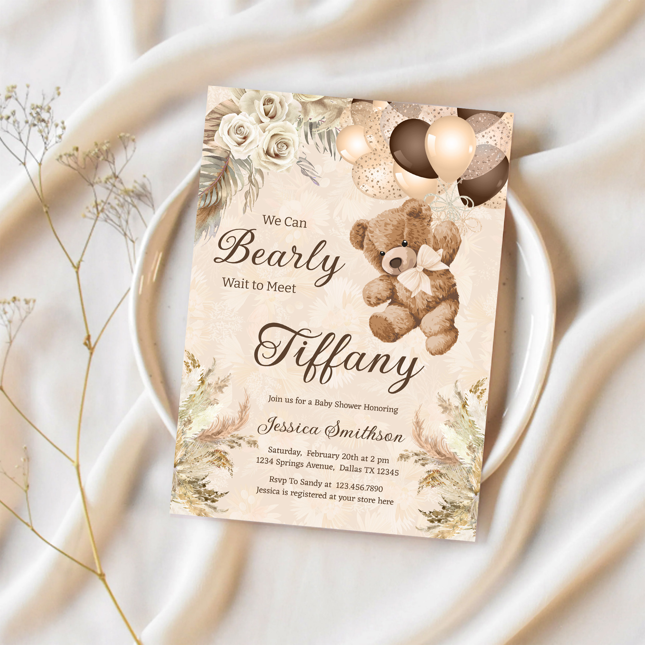 We Can Bearly Wait Boho Teddy Bear Baby Shower Invitation - Image 2