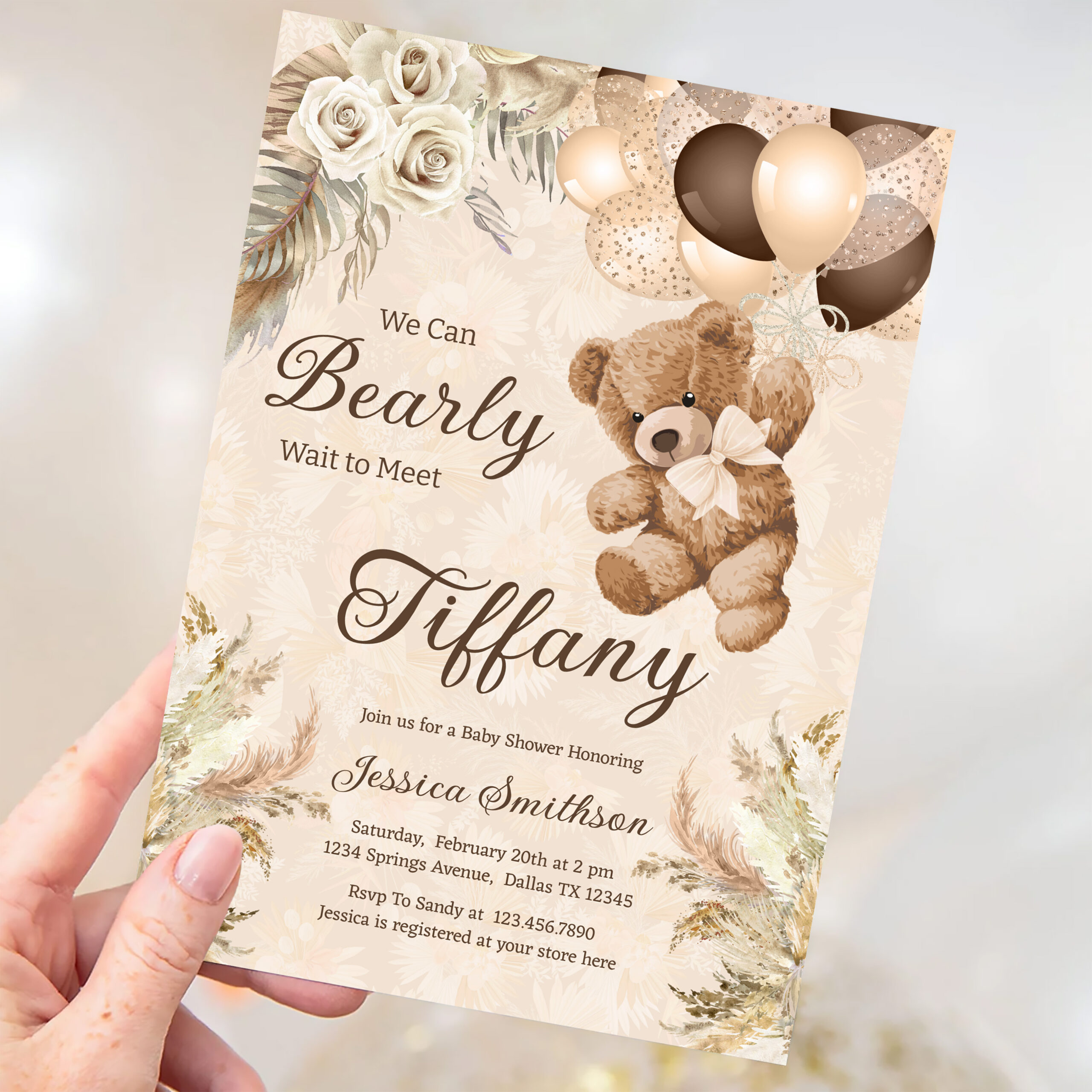 We Can Bearly Wait Boho Teddy Bear Baby Shower Invitation - Image 3