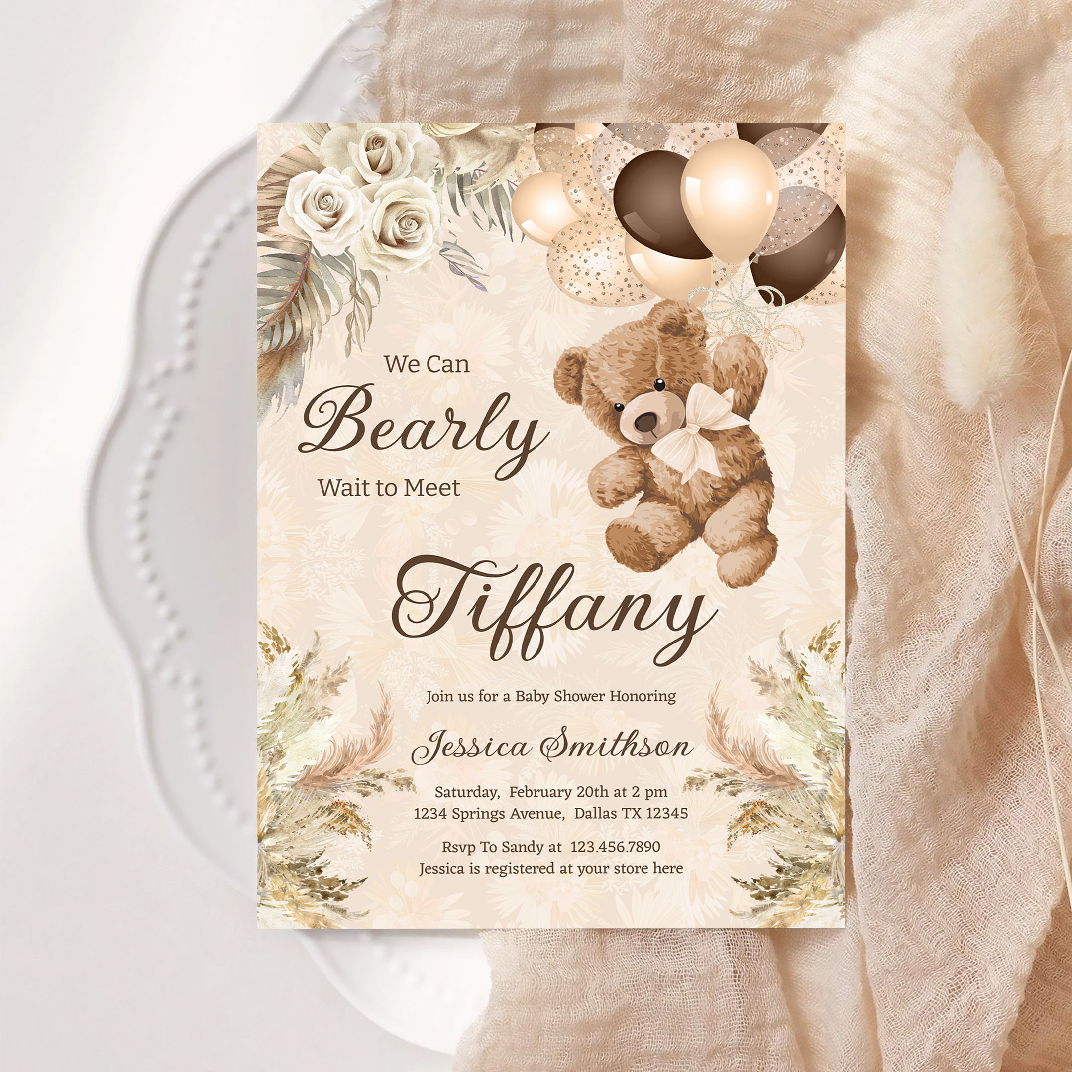 We Can Bearly Wait Boho Teddy Bear Baby Shower Invitation - Image 6