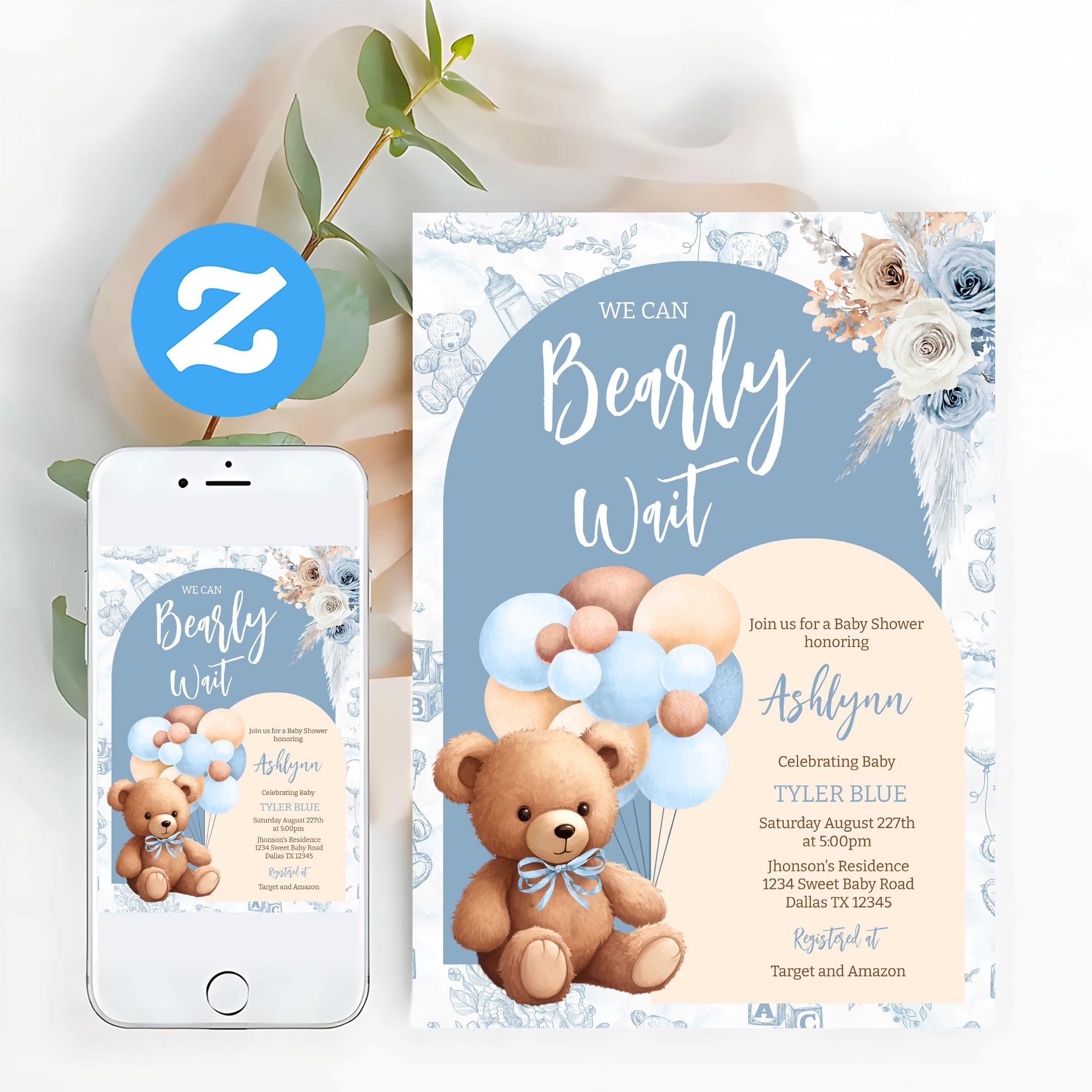 We Can Bearly Wait Boy Boho Bear Baby Shower Invitation - Image 12