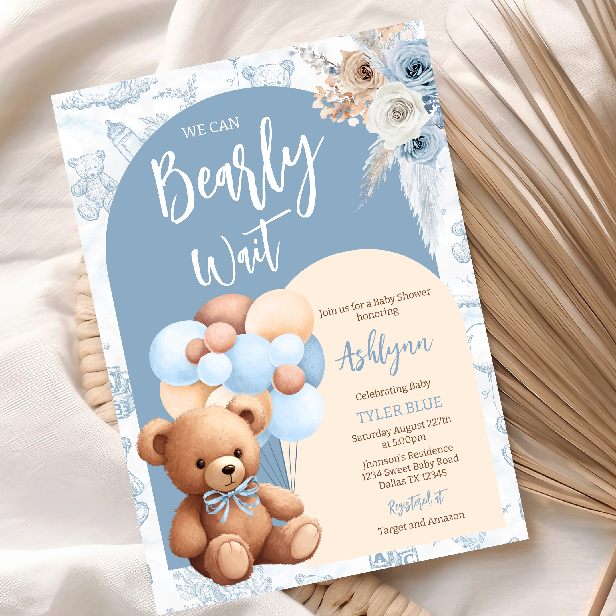 We Can Bearly Wait Boy Boho Bear Baby Shower Invitation - Image 10