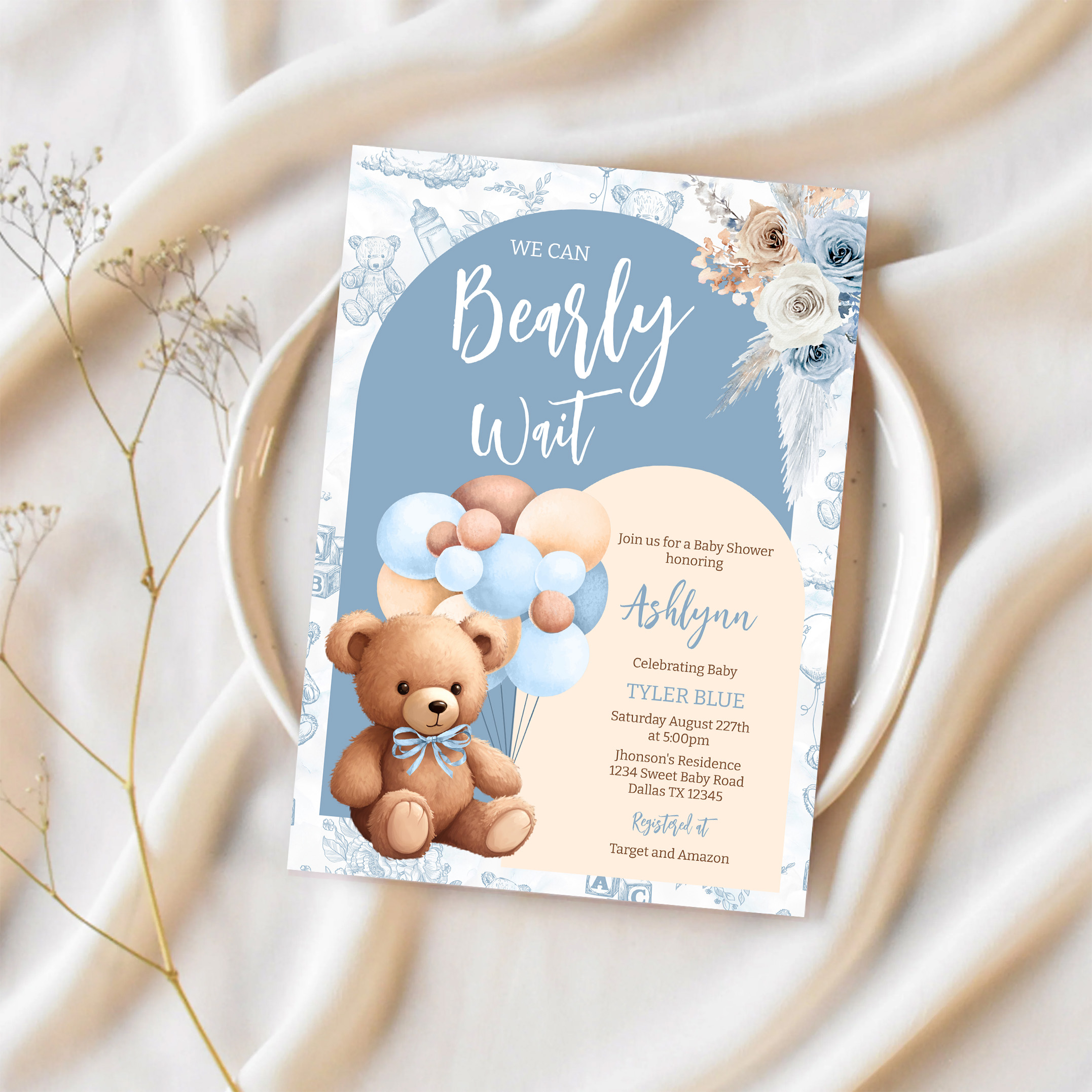 We Can Bearly Wait Boy Boho Bear Baby Shower Invitation - Image 2