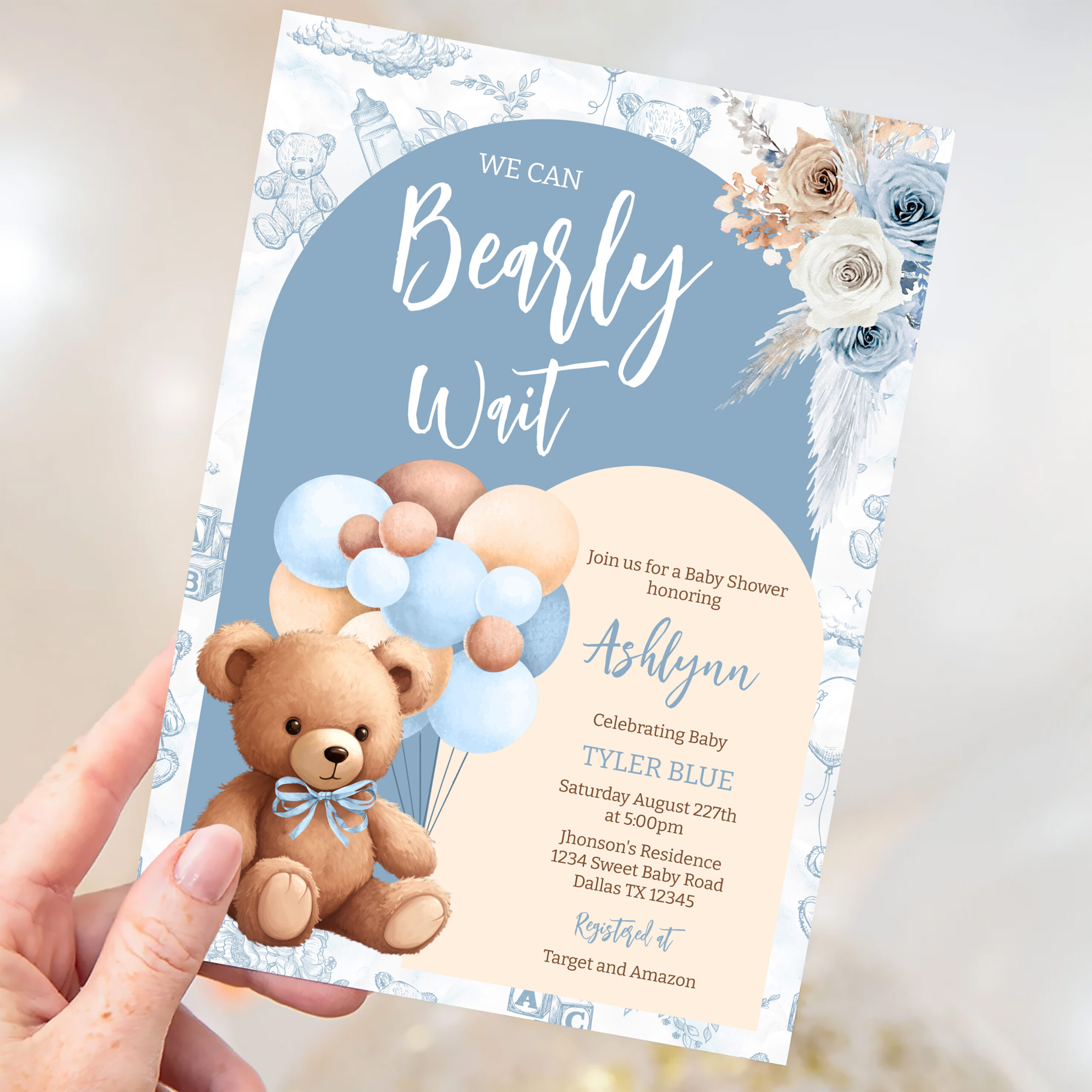 We Can Bearly Wait Boy Boho Bear Baby Shower Invitation - Image 3