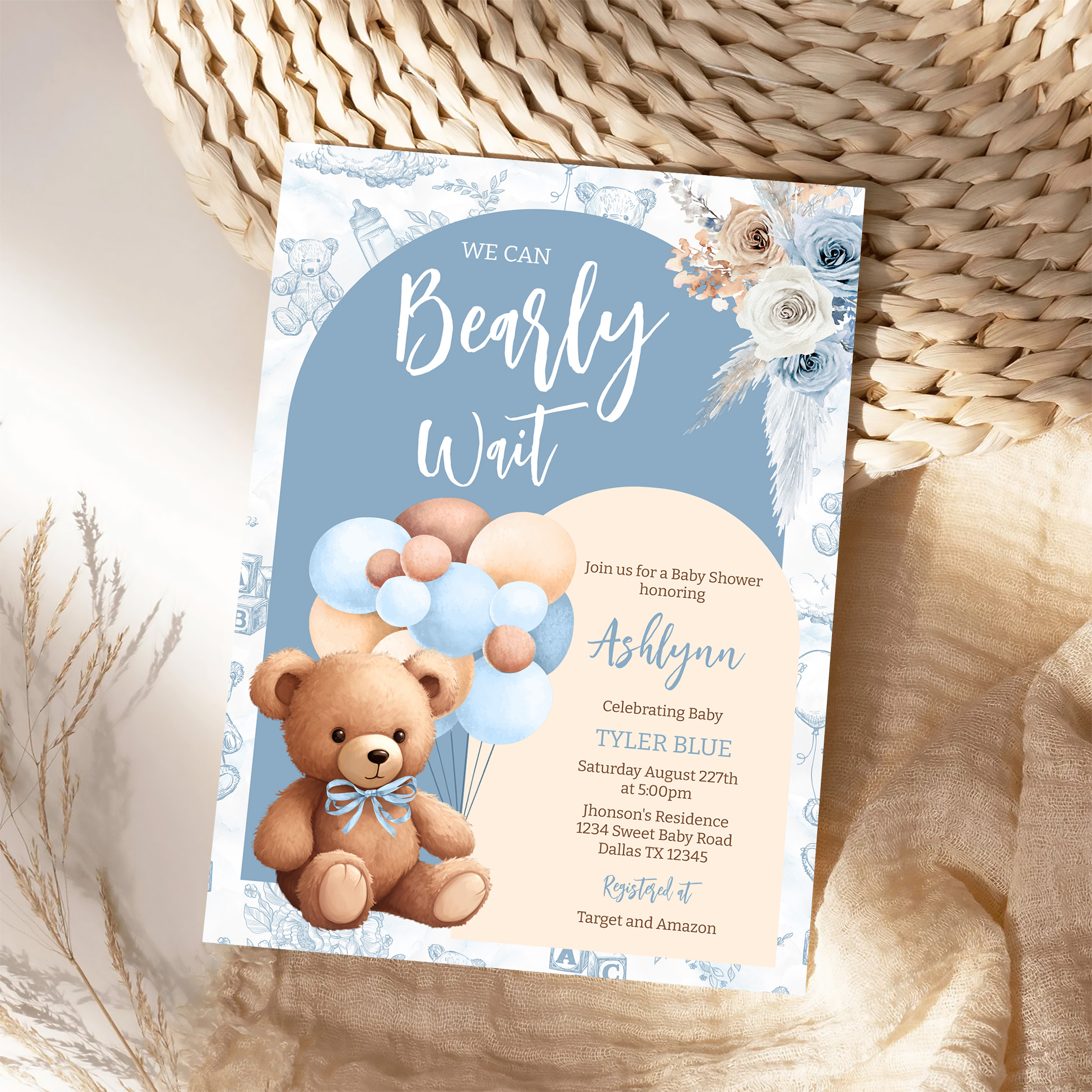 We Can Bearly Wait Boy Boho Bear Baby Shower Invitation - Image 4