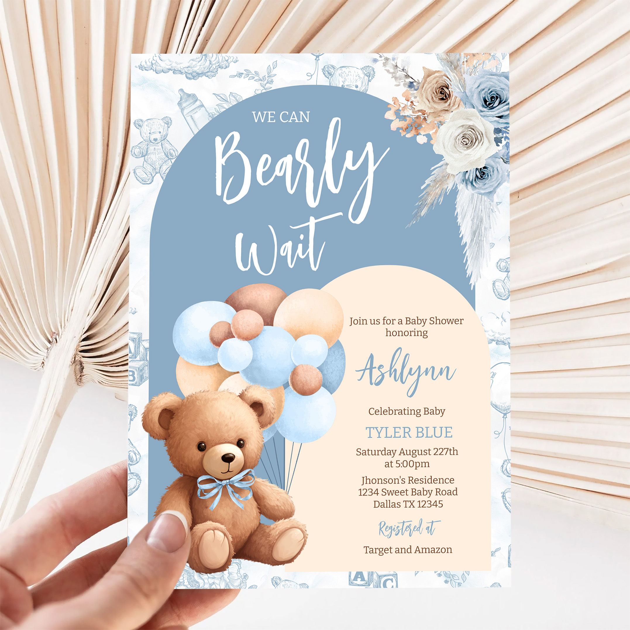We Can Bearly Wait Boy Boho Bear Baby Shower Invitation - Image 5