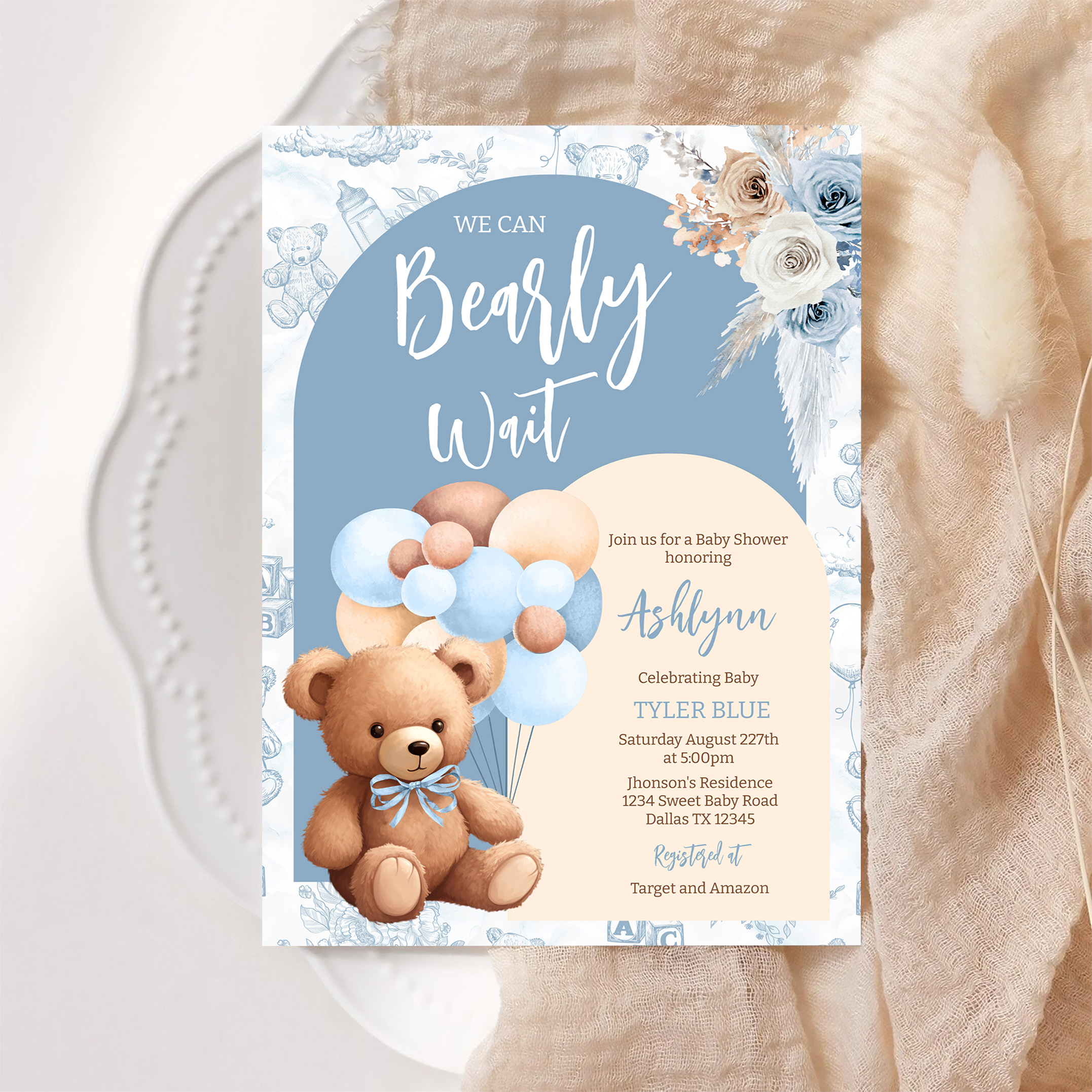 We Can Bearly Wait Boy Boho Bear Baby Shower Invitation - Image 6