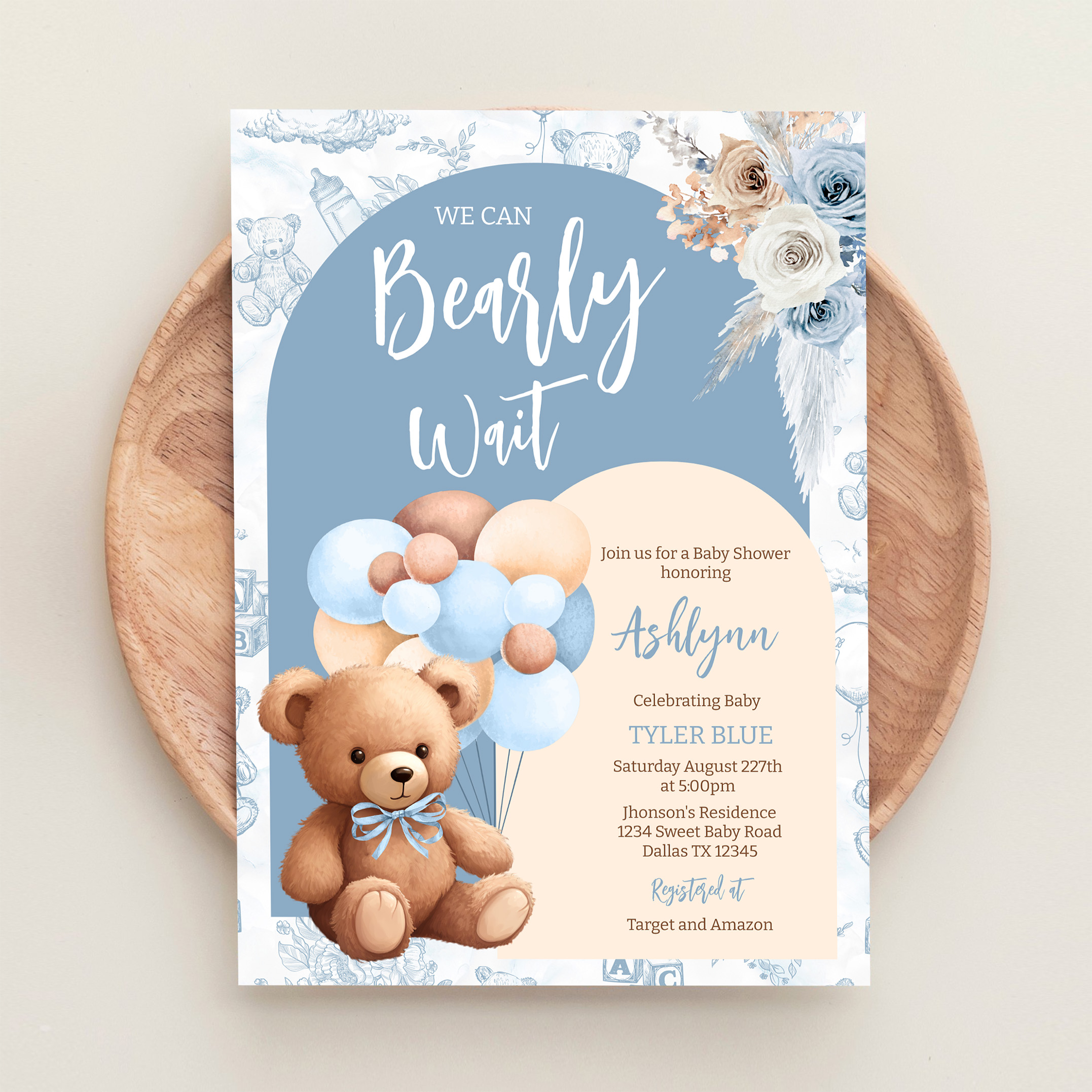 We Can Bearly Wait Boy Boho Bear Baby Shower Invitation - Image 7