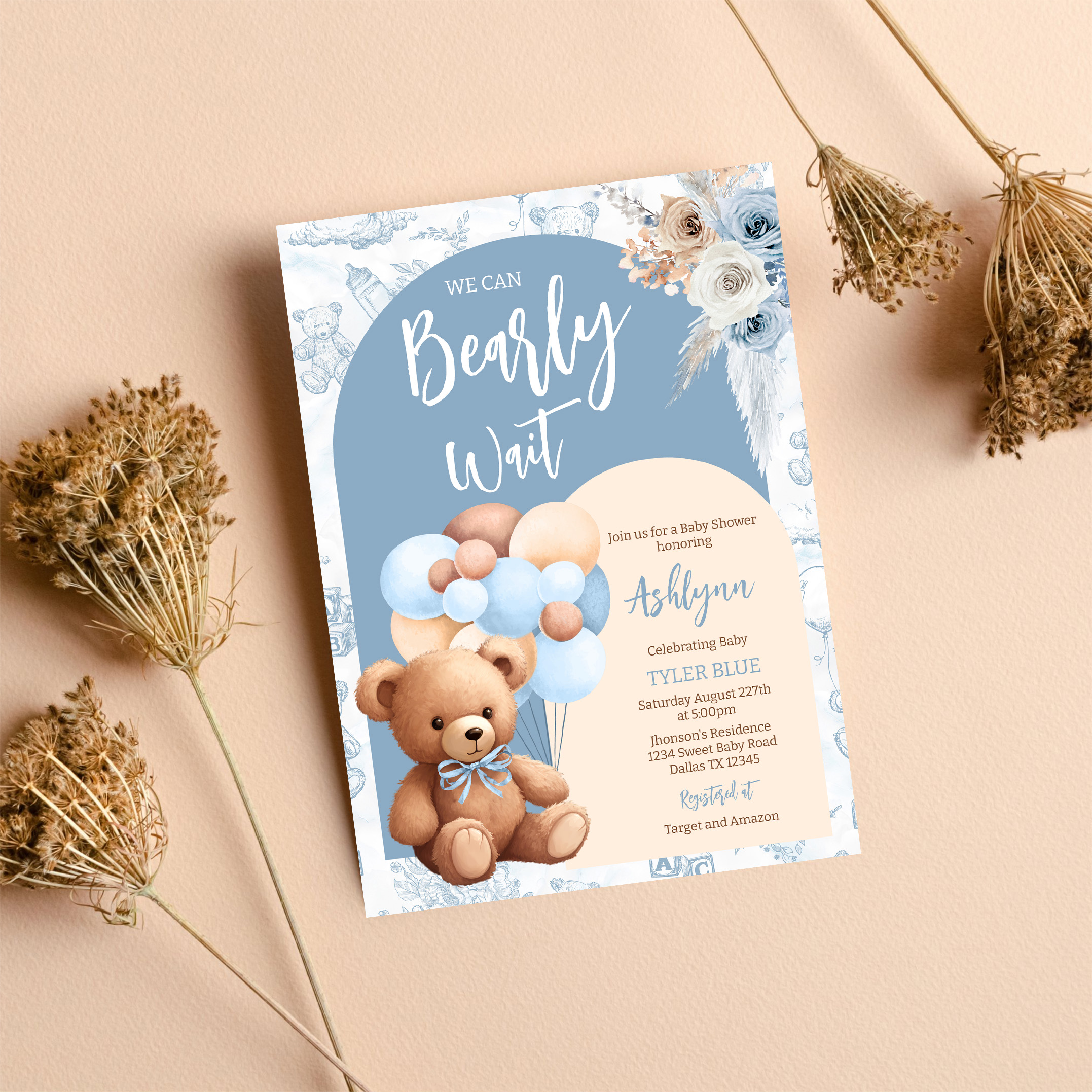 We Can Bearly Wait Boy Boho Bear Baby Shower Invitation - Image 8