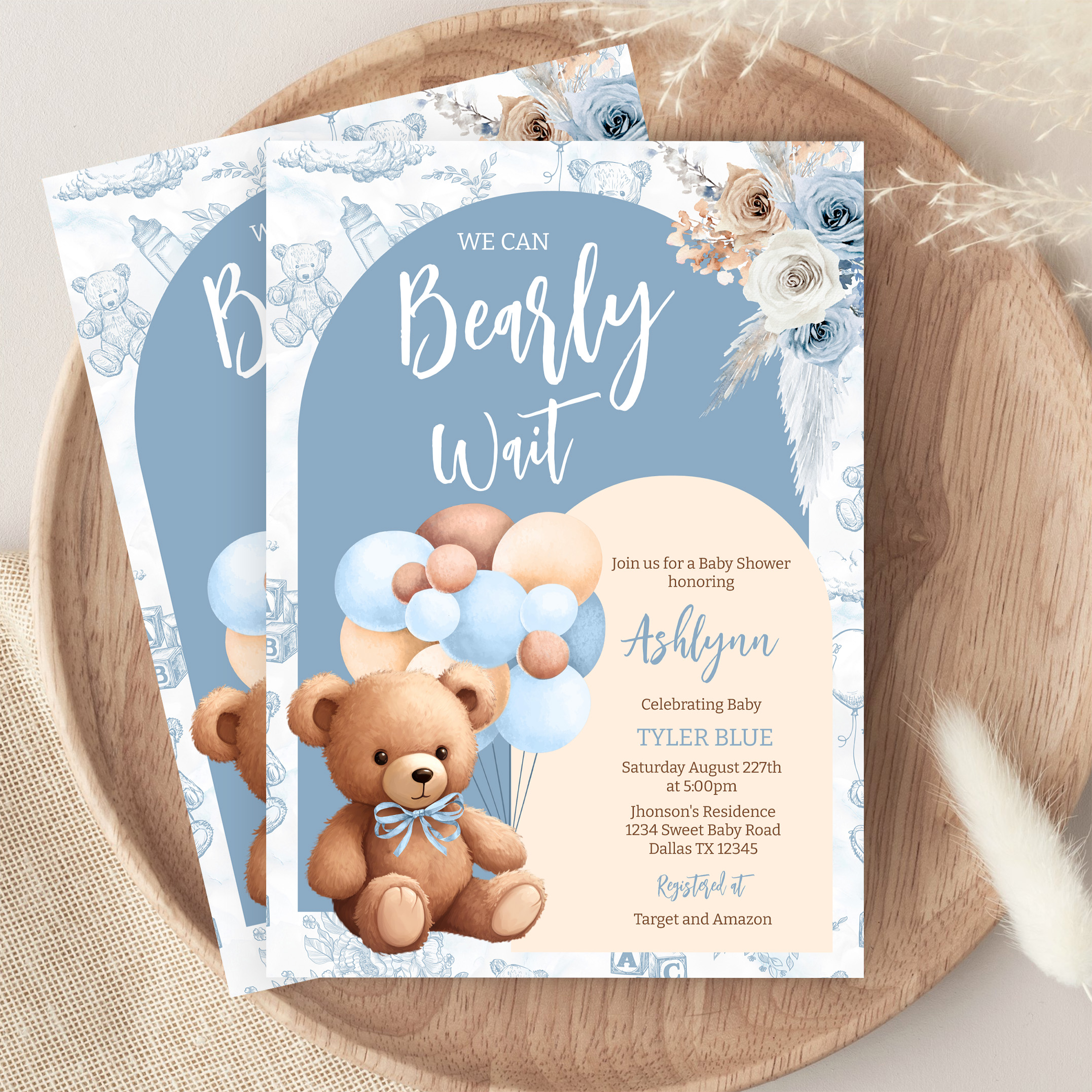 We Can Bearly Wait Boy Boho Bear Baby Shower Invitation - Image 9