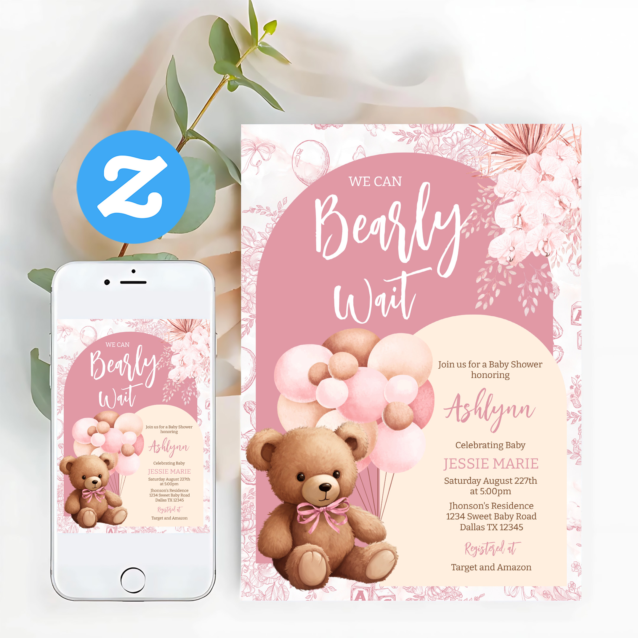 We Can Bearly Wait Brown Bear Balloon Baby Shower Invitation - Image 12